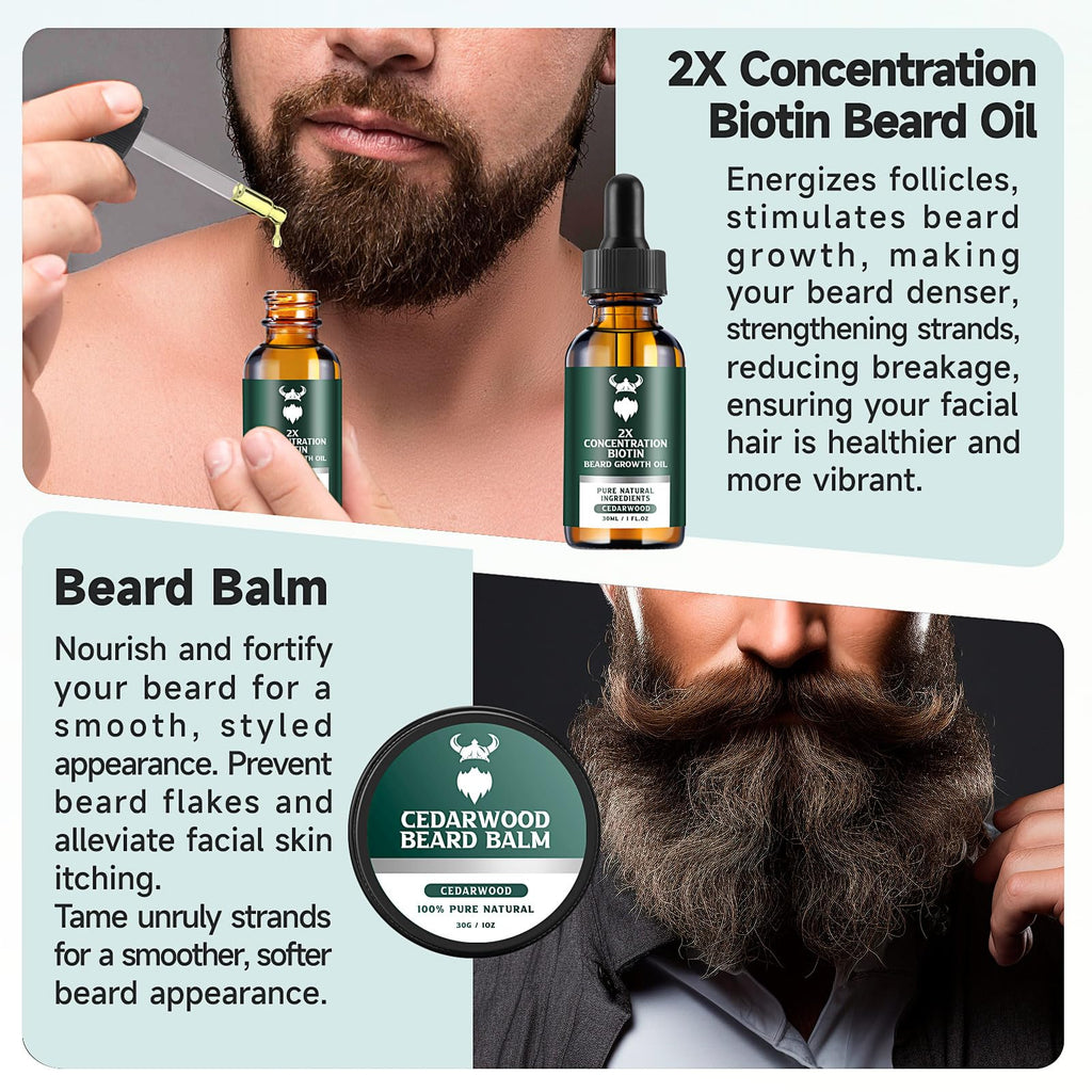MistySprite Beard Growth Kit for Men, 2X Concentration Biotin Beard Oil & Styling Balm, Natural Facial Hair Conditioner with Argan, Jojoba & Vitamin E, Sandalwood Scent Softener
