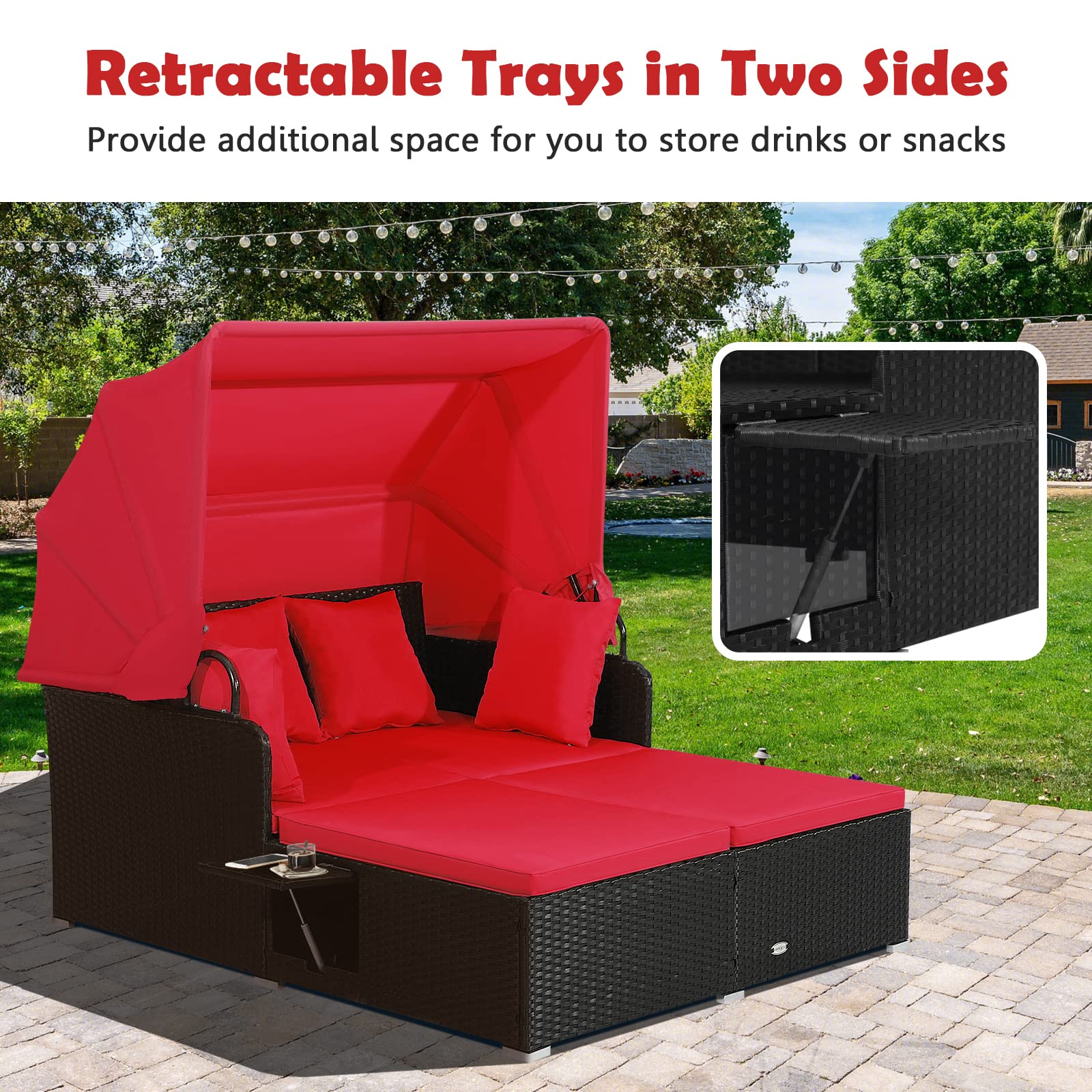 Tangkula Patio Rattan Daybed with Retractable Canopy, Outdoor Wicker Sunbed Lounger with 2 Foldable Side Tables, Thick Seat & Back Cushions, Outside Double Daybed for Garden, Backyard, Porch