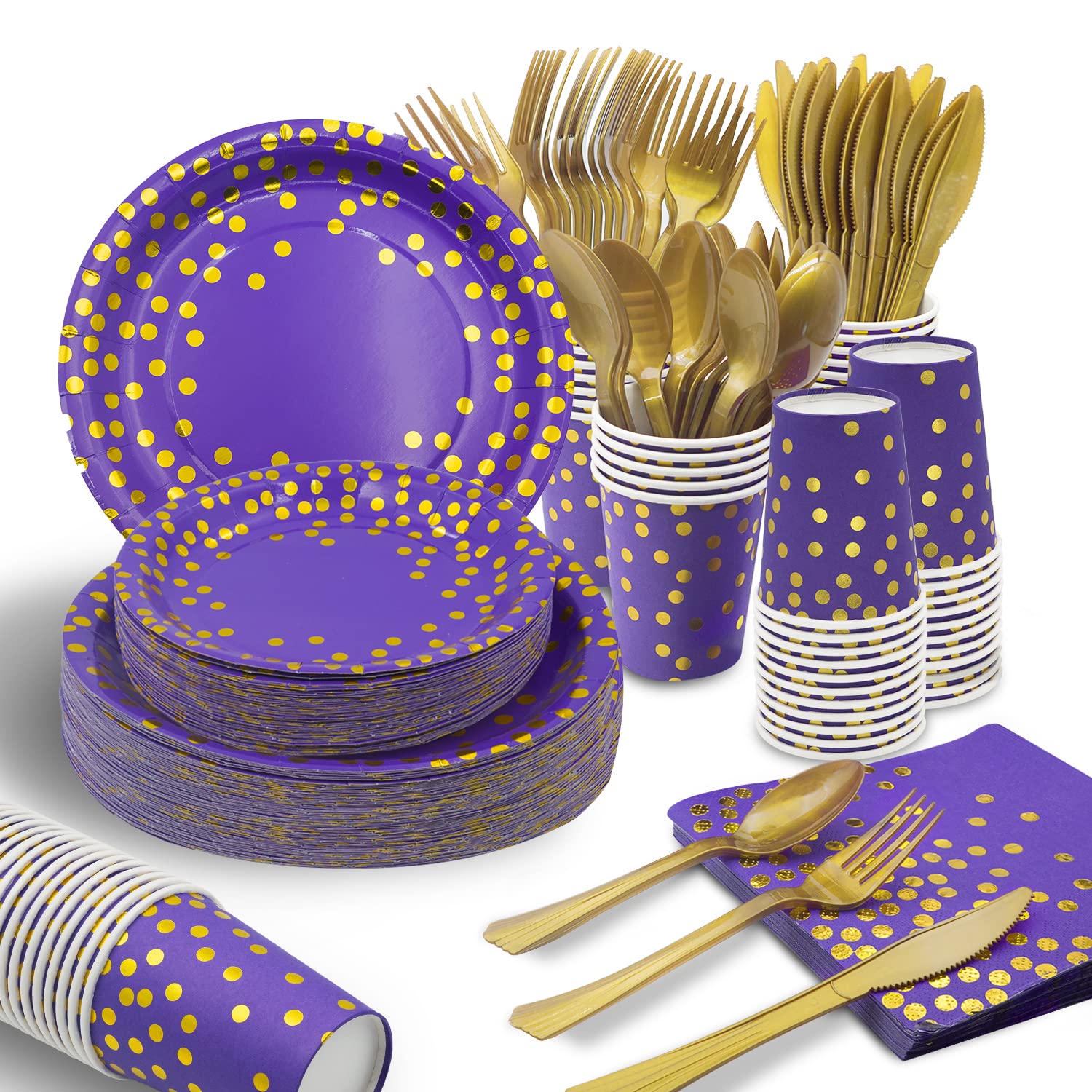 AIRE 175PCS Black and Gold Paper Plates Party Supplies for 25 Guests Disposable Party Decorations Dinnerware Golden Dot Black Paper Plates Napkins Cups Gold Plastic Forks Knives Spoons for Mothers Day
