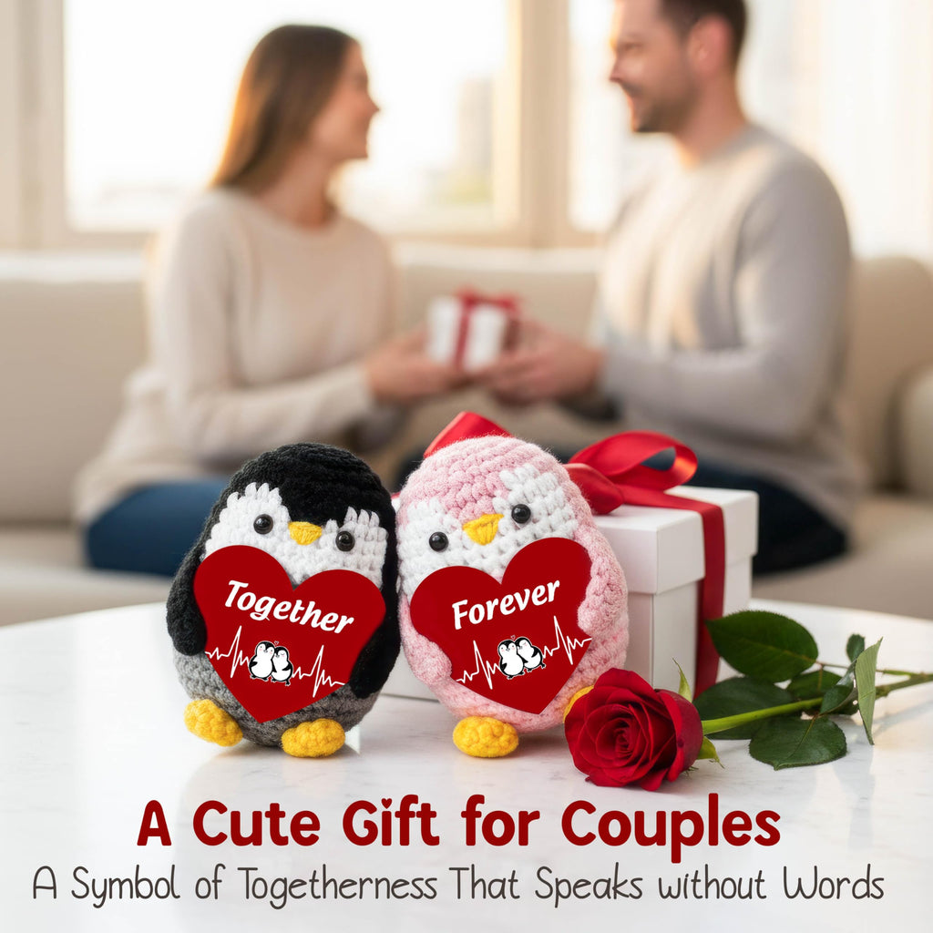 OASSIE Anniversary Couple Gifts for Women Men - Positive Penguin Couple Crochet with Card - Mothers Day Birthday Anniversary Wedding Gifts for Wife Husband Him Her Couples Boyfriend Girlfriend