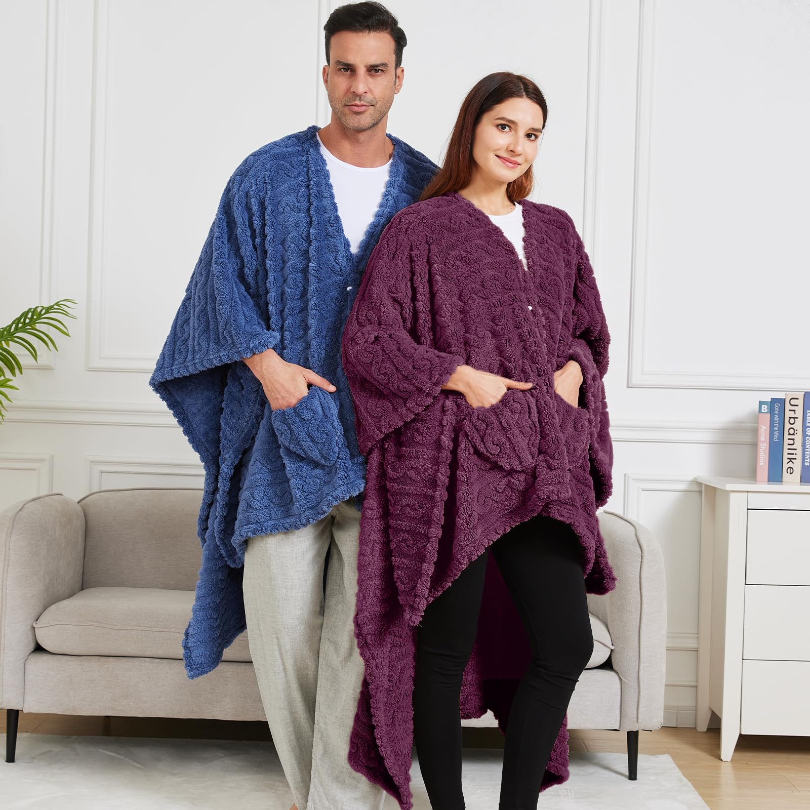 Wearable Blanket Poncho Cape Wrap for Adult, Cozy Sherpa Fleece Pocketed Shawl TV Throw Blankets for Office and Lounge(Caramel,58'' x 64'')