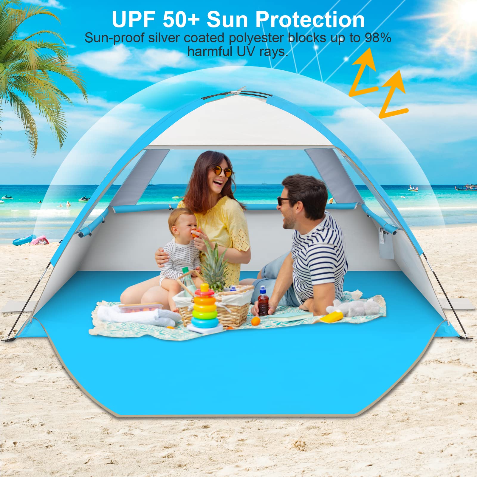 Gorich Beach Tent Sun Shelter for 3/4/6/8/10 Person with UPF 50＋ UV Protection, Lightweight & Easy Setup Beach Shade Canopy, Portable Beach Shade Tent Beach Cabana