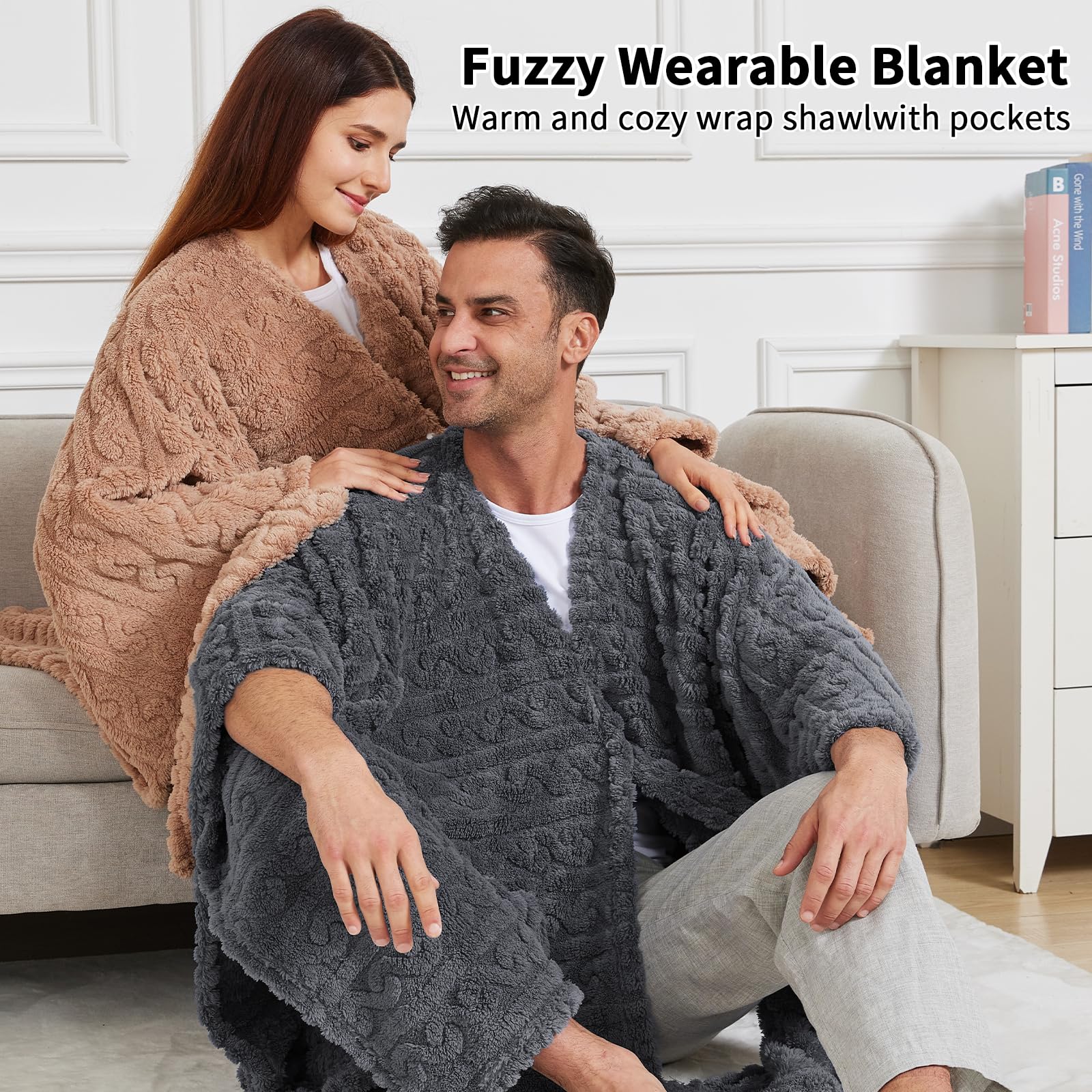 Wearable Blanket Poncho Cape Wrap for Adult, Cozy Sherpa Fleece Pocketed Shawl TV Throw Blankets for Office and Lounge(Caramel,58'' x 64'')