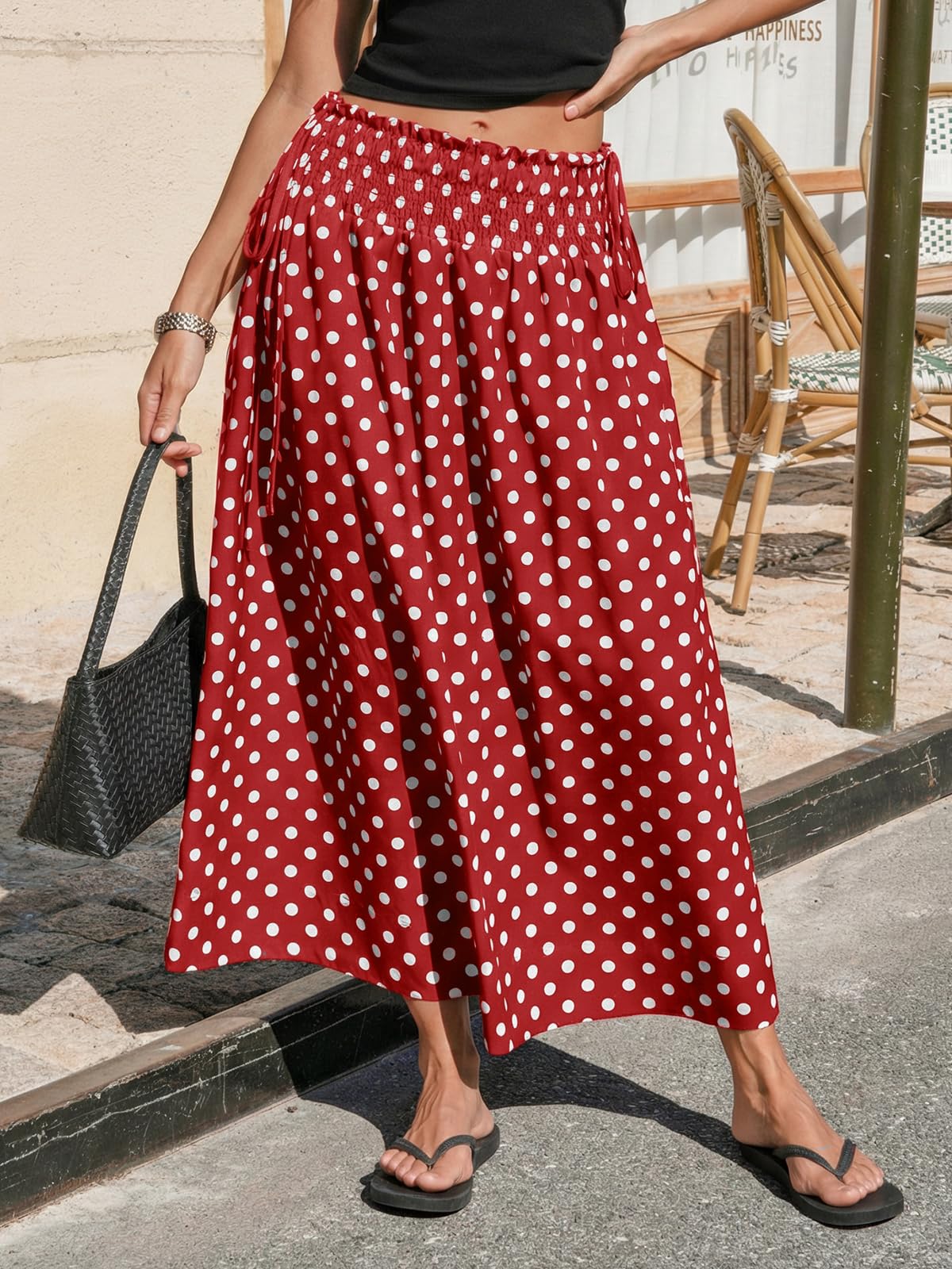 Tankaneo Womens Polka Dot Maxi Skirts Boho Smocked High Waisted Tie Skirt Casual Beach Vacation Dress