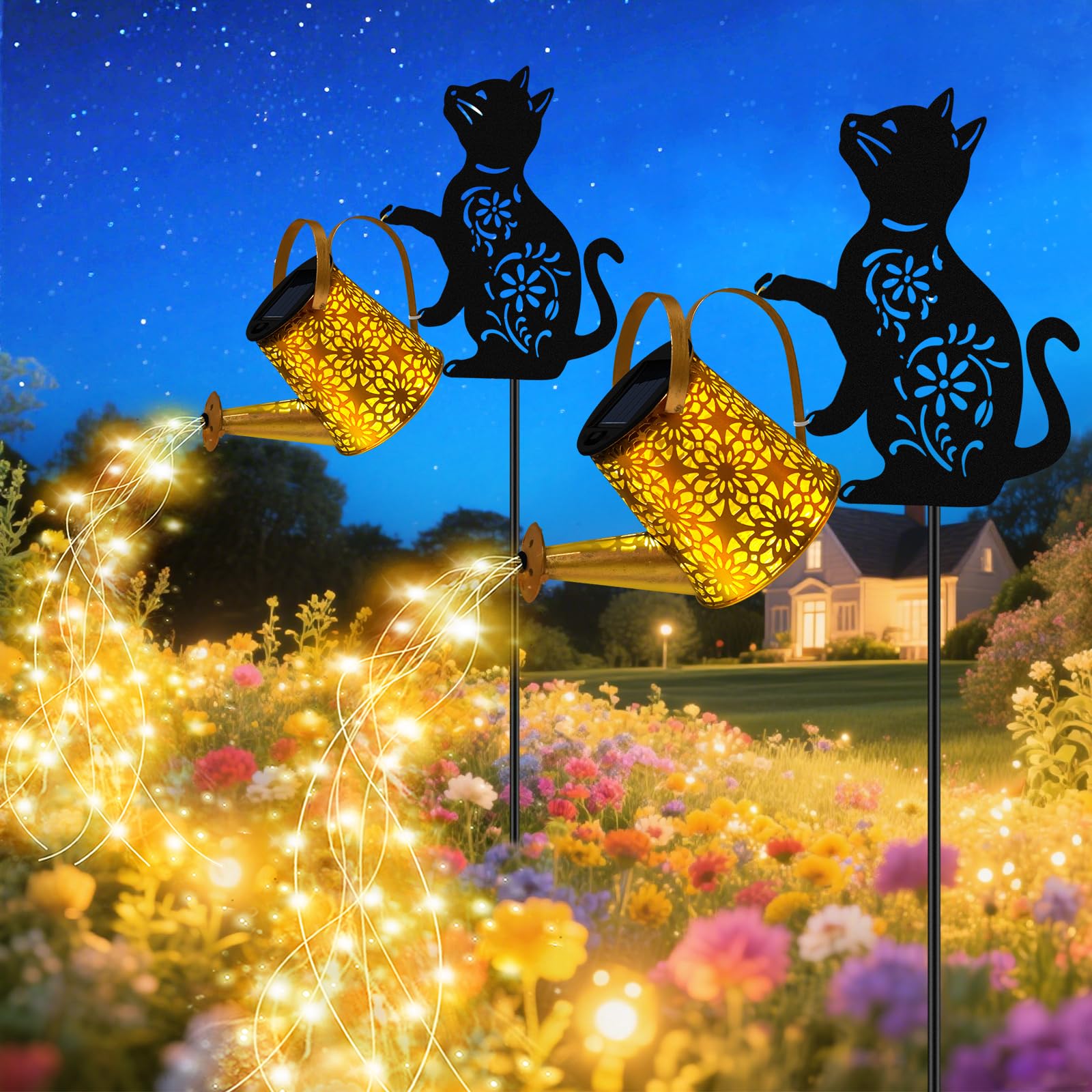 Solar Watering Can Lights, Cat Hanging Lantern Solar Lights Outdoor, Cat Lover Gifts for Mom Women Birthday Mother's Day Christmas, Waterproof Garden Decor Outside Patio Yard Pathway Backyard