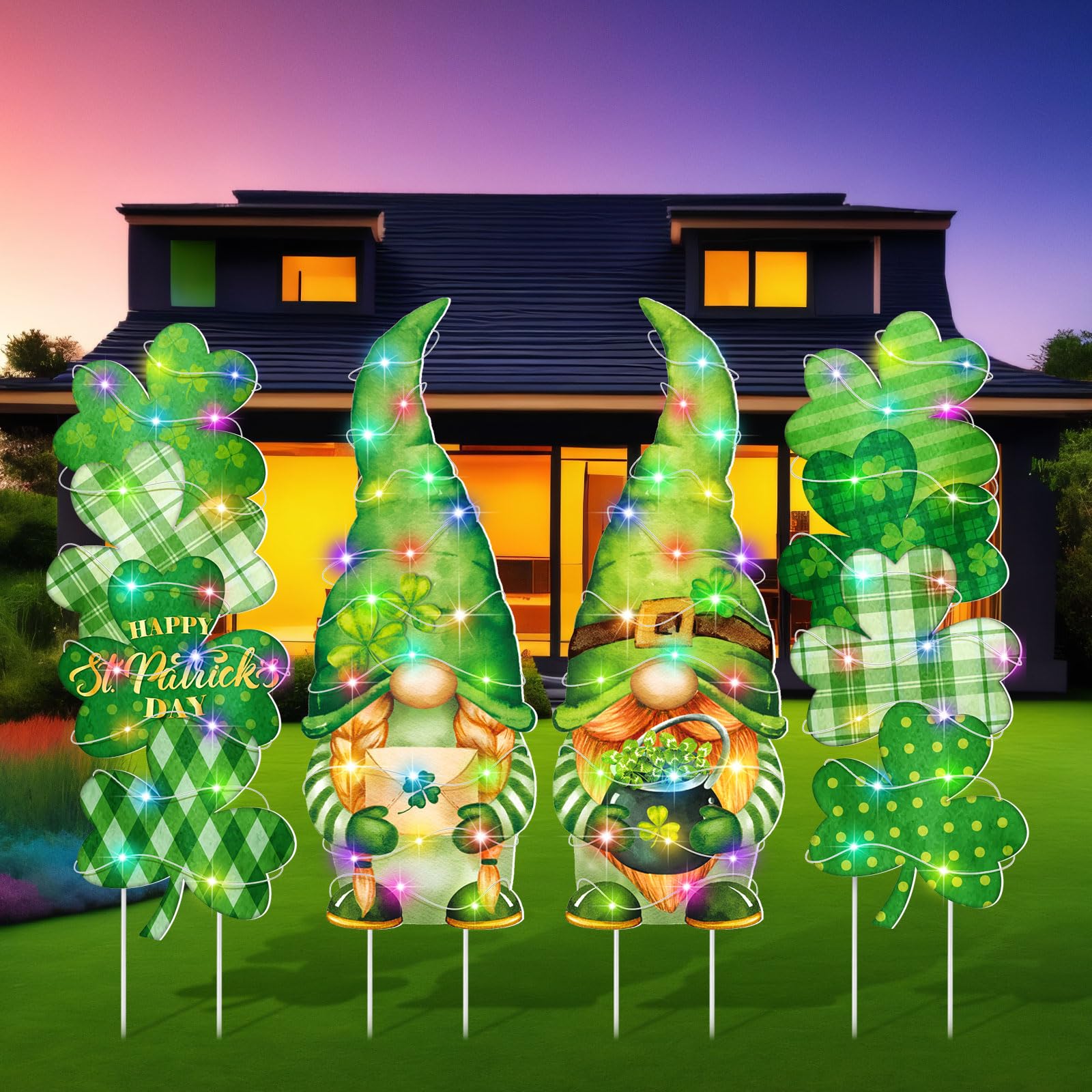 Bencailor 4 Set 4th of July Yard Signs LED 250th Anniversary Patriotic Outdoor Lawn Decor Waterproof USA Red White and Blue Yard Stakes for Independence Day(Green,St. Patrick's Day)