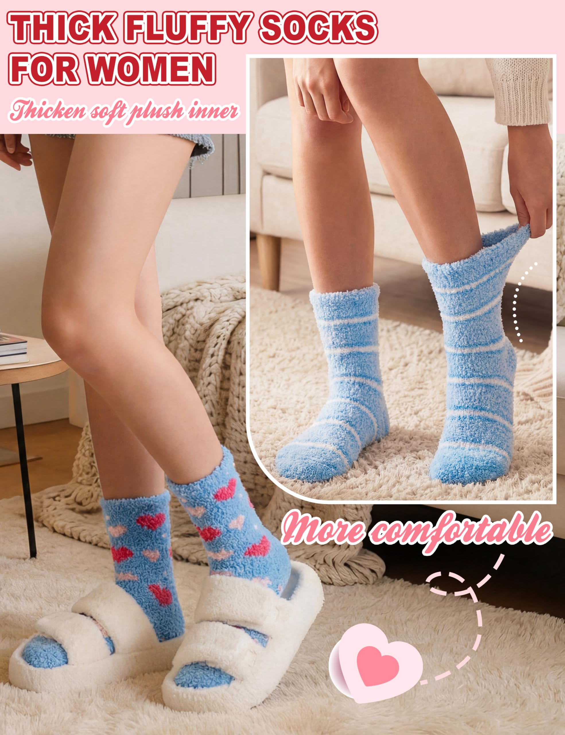 Womens Fuzzy Socks Warm Fluffy Cozy Winter Slipper Thick Fleece Heart Socks 5 Pairs