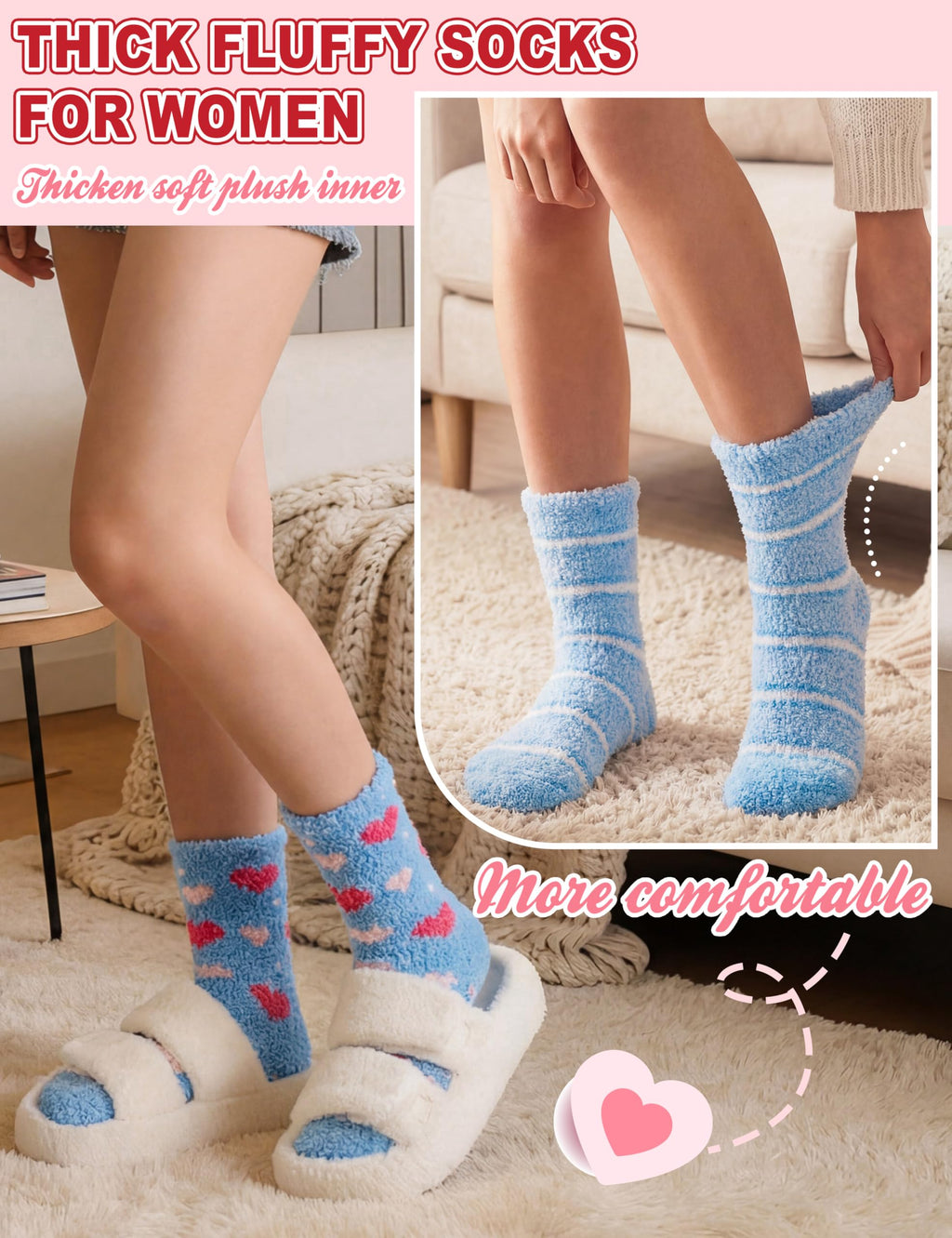 Womens Fuzzy Socks Warm Fluffy Cozy Winter Slipper Thick Fleece Heart Socks 5 Pairs
