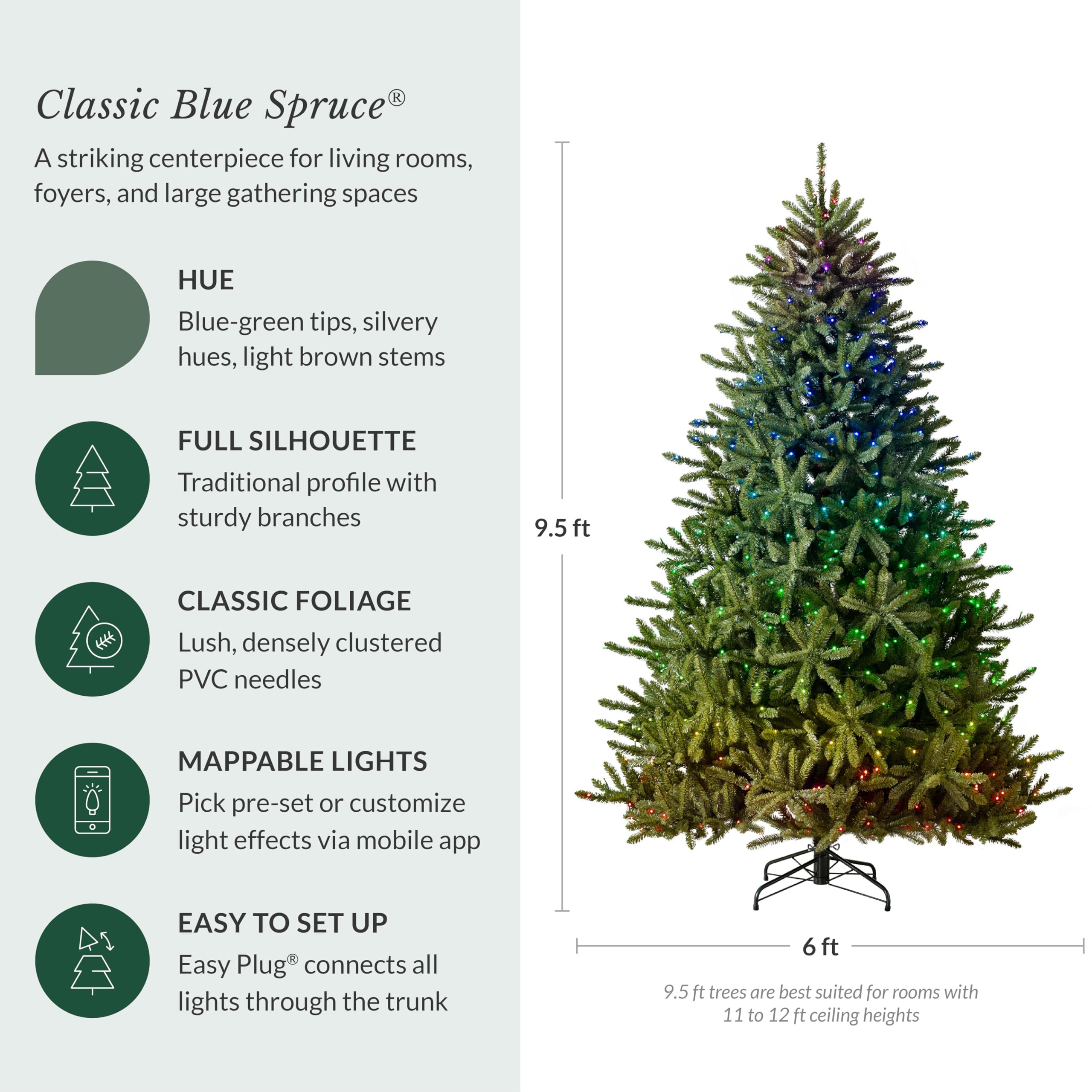Balsam Hill 7.5ft Pre-Lit Classic Blue Spruce - Artificial Christmas Tree with 2,960+ Tips, 1,000 Clear LED Lights, Easy Plug Technology & Premium Stand for Indoor Holiday Decorating