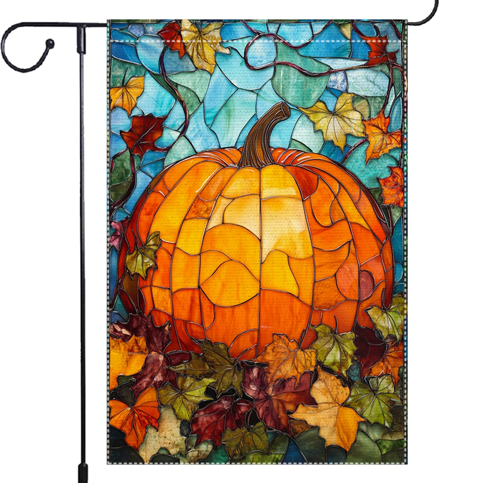 Fall Garden Flag For Outdoor Decor Thanksgiving Garden Flags Autumn Stained Glass Pumpkin Maple Leaf Double Sided Small Burlap Outside Porch Lawn Yard Flags Decorations 12.5x18 Inch