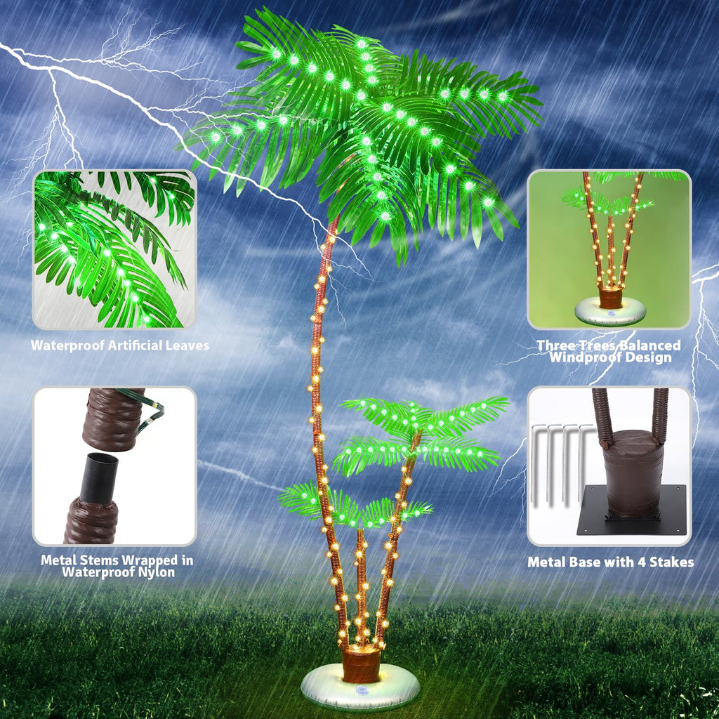 OUSHENG Lighted Palm Tree Bar Outdoor Christmas Decorations Decor, Light Up LED Artificial Fake Faux Trees Lights for Outside Patio Yard Pool Porch Deck Party Tropical, 6FT