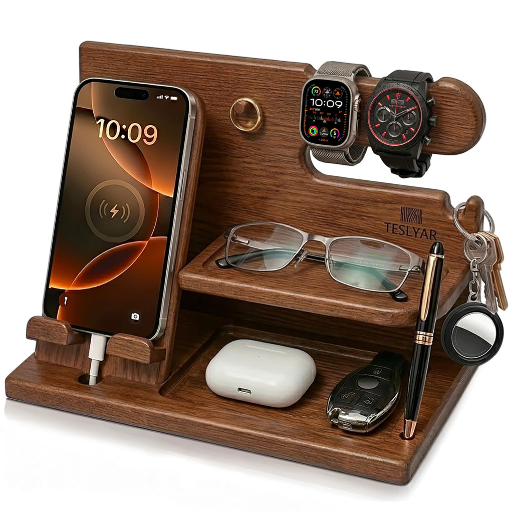 TESLYAR Wood Phone Docking Station for Men - Desk or Nightstand Organizer - Birthday Gifts for Husband, Dad - Anniversary Idea from Wife - Key Holder, Stand Wallet, Watch & Essentials (Bourbon Brown)