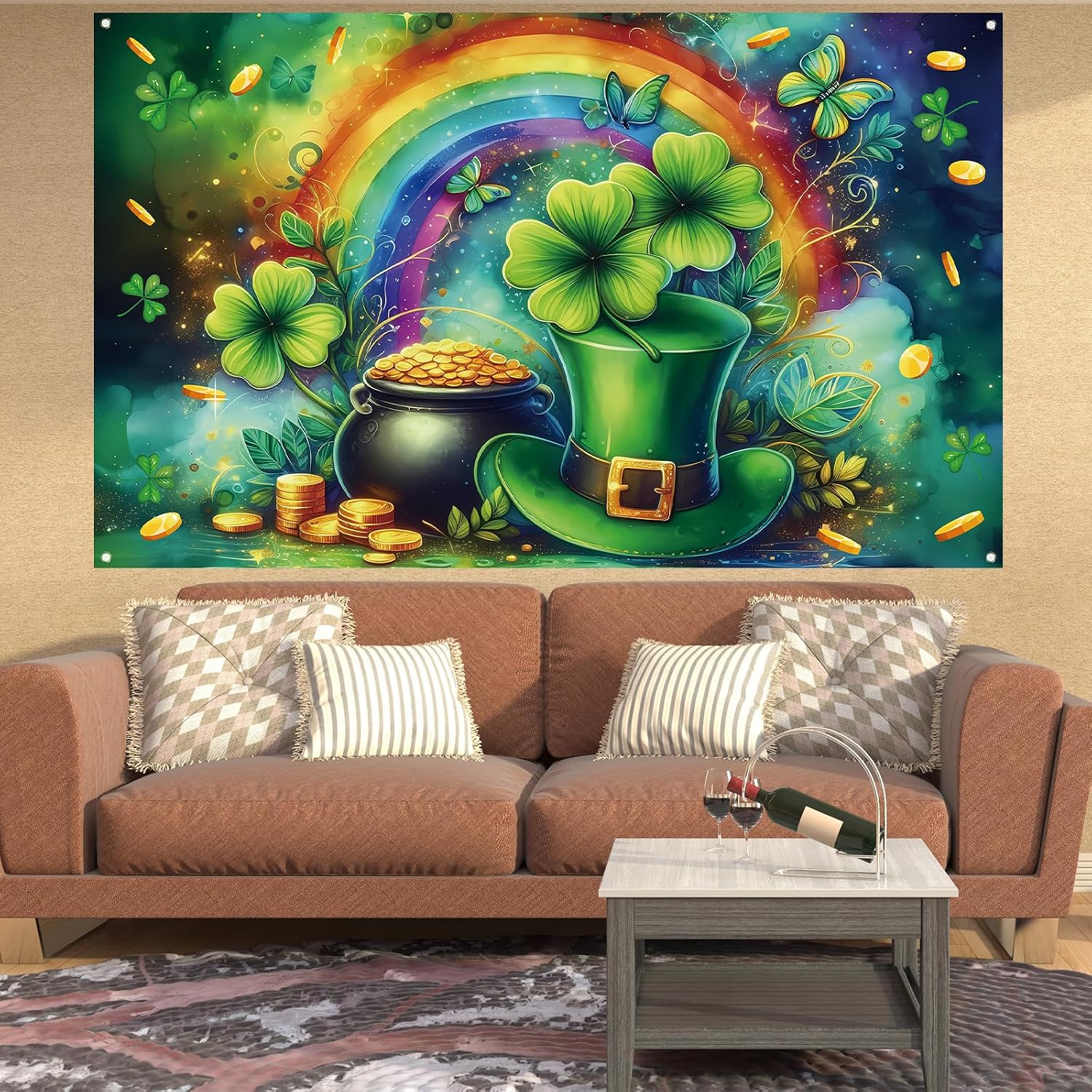 Happy St Patricks Day Photo Backdrop Rainbow Gold Coins Green Shamrock Lucky Clover Banner St. Patrick's Day Party Decorations and Supplies for Home-71×43''
