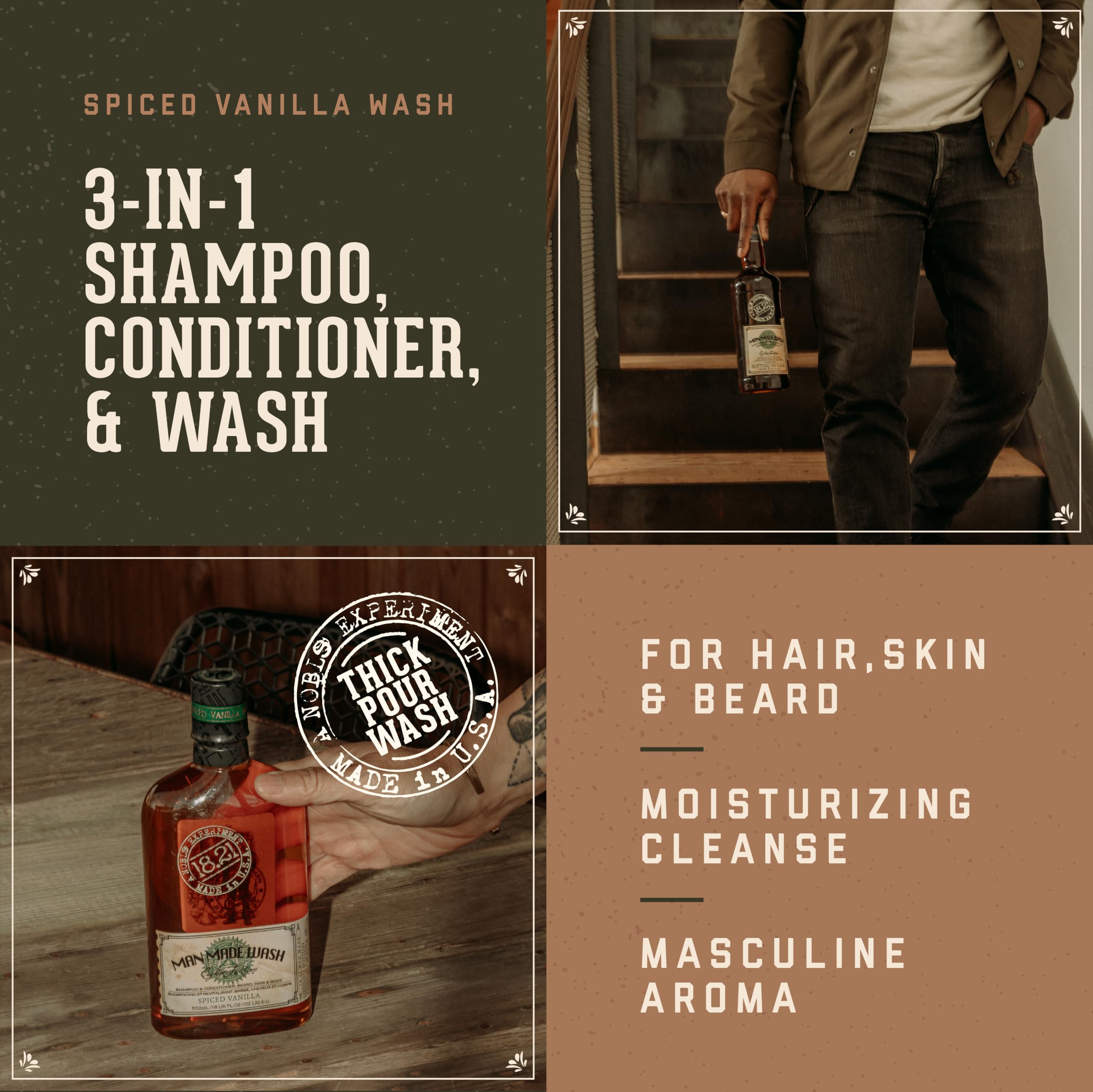18.21 Man Made Original Absolute Mahogany 3-in-1 Body Wash, Shampoo, & Conditioner for Men, All Hair & Skin Types, Strengthens and Moisturizes in a Manly Aroma, 18oz