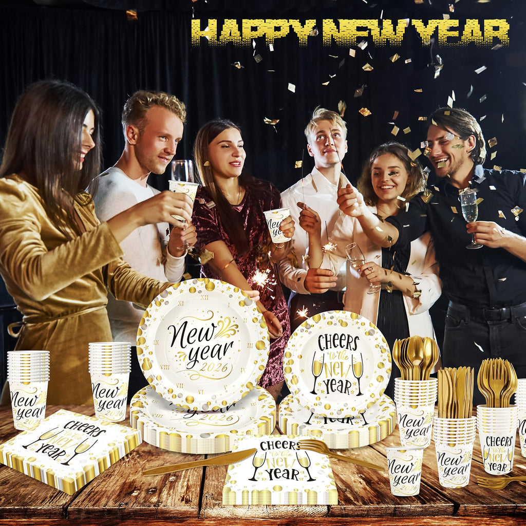 168pcs Happy New Year Party Supplies, Black and White Paper Plates Napkins Cups and Transparent Gold Cutlery for 24 Guests, 2026 New Year Disposable Tableware Supplies for Party Decorations