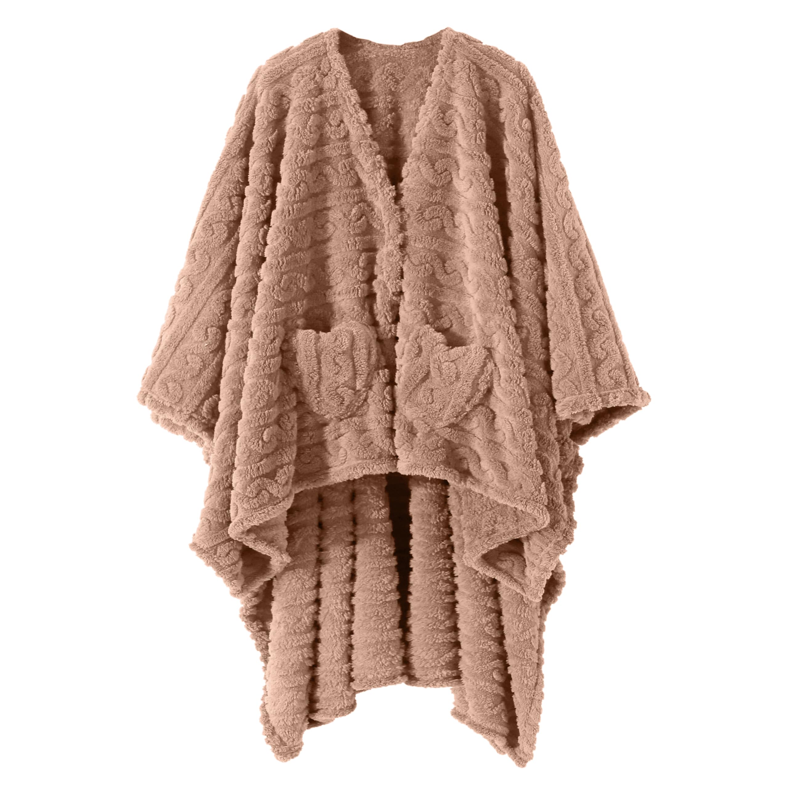 Wearable Blanket Poncho Cape Wrap for Adult, Cozy Sherpa Fleece Pocketed Shawl TV Throw Blankets for Office and Lounge(Caramel,58'' x 64'')