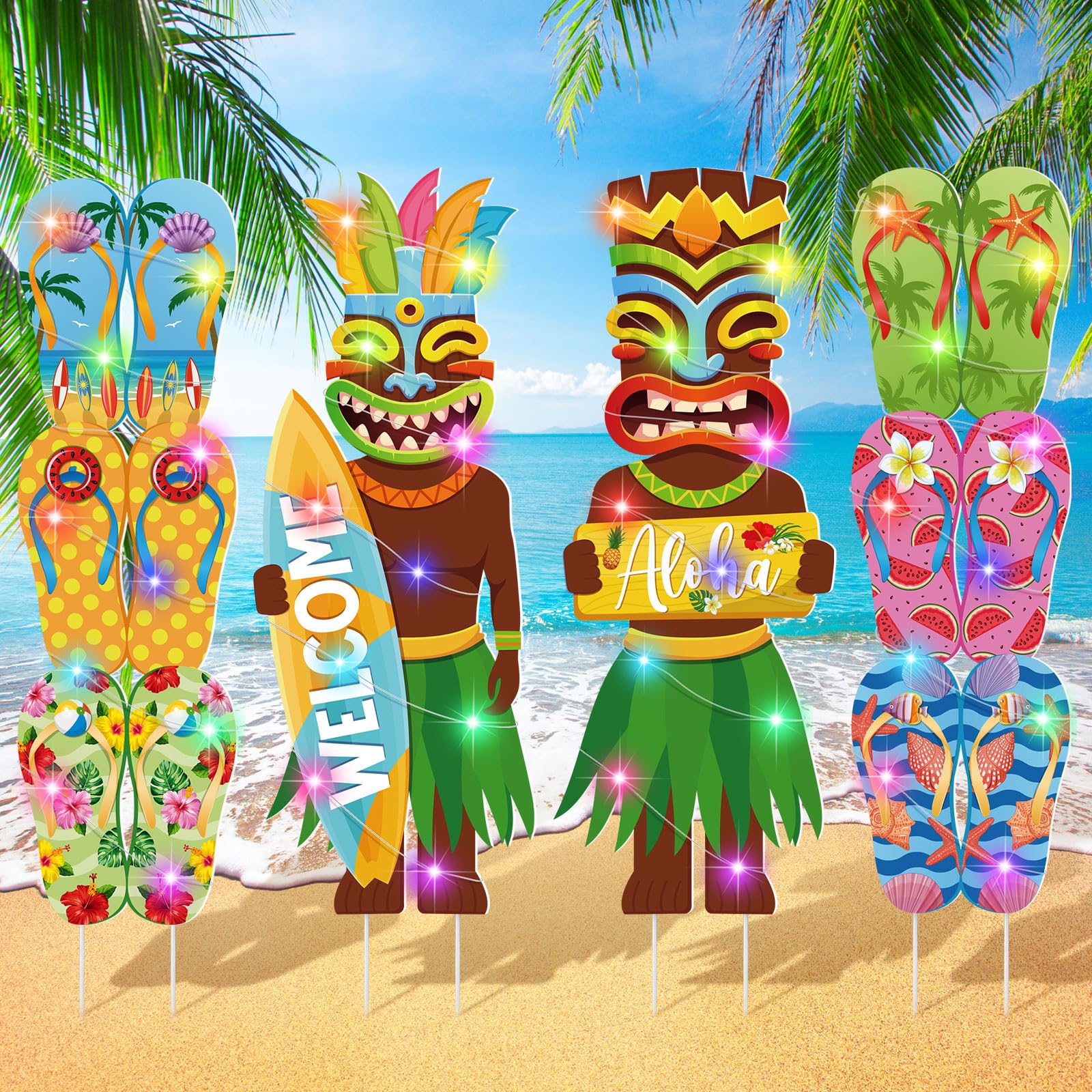 Bencailor 4 Pcs Summer Outdoor Yard Decoration Summer Beach Pool Yard Signs with Stakes LED Hawaiian Themed Party Supplies Beach Ball Surfboard Slipper Decor for Outdoor Lawn Garden Patio