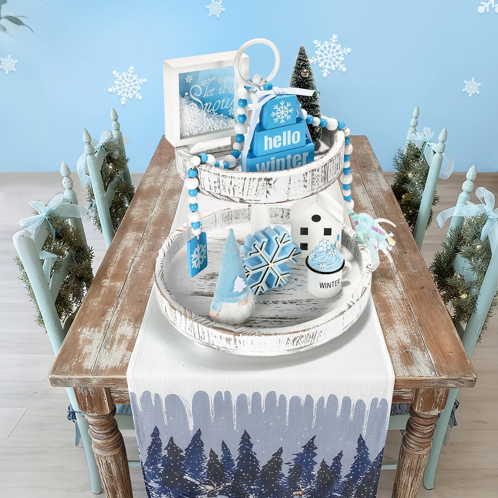 Christmas Decorations 8 PCS Tiered Tray Decor Set, Cute Tabletop Christmas Decor for Home Office Shelf Mantel Coffee Bar Xmas Table Centerpieces Tray Objects Holiday Decoration Set