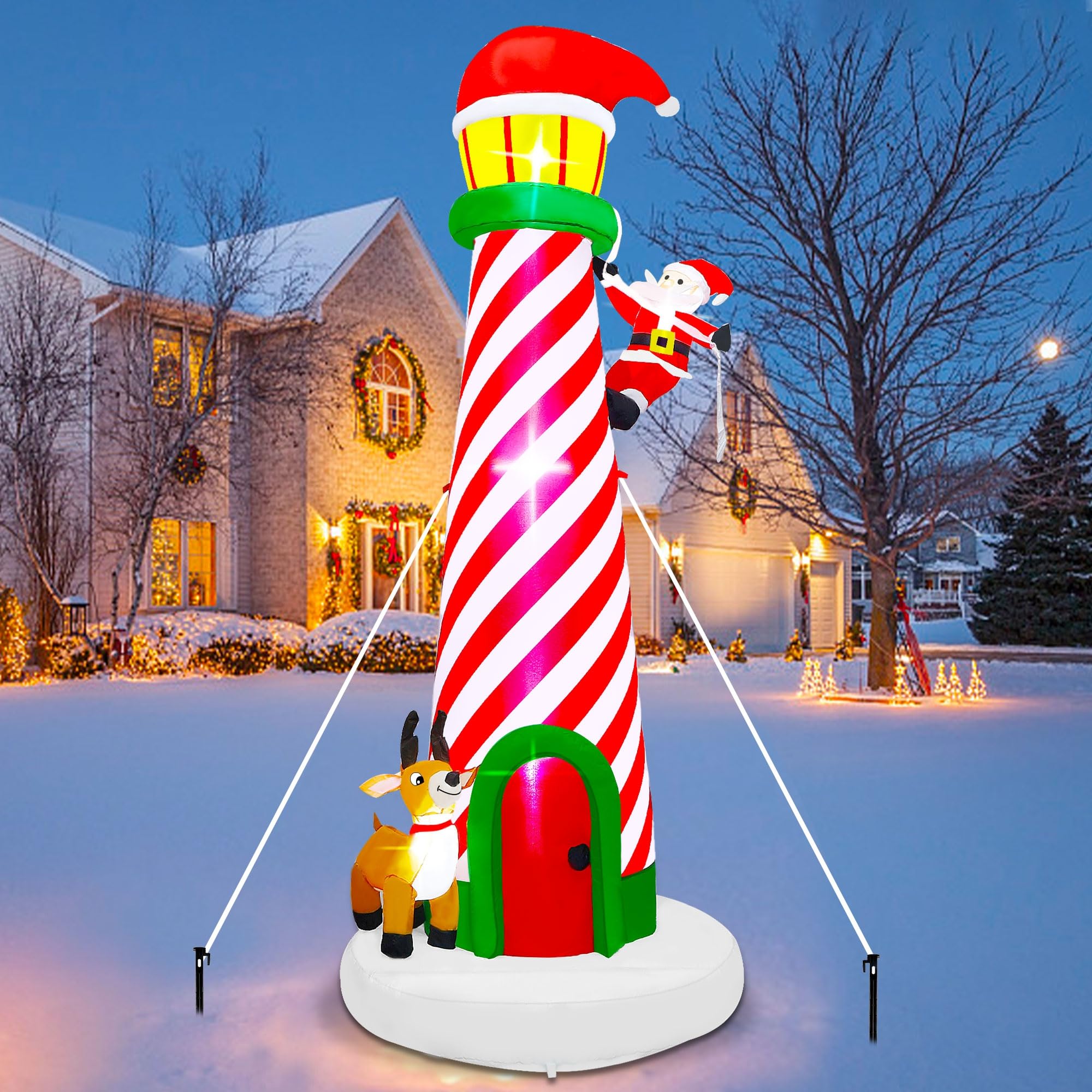 Lulu Home 9FT Christmas Inflatable Decorations, Giant Lighted Lighthouse with Santa and Reindeer, Xmas Blowups with Drawstring Bags for Winter Holiday Yard Lawn Garden Outdoor Decor