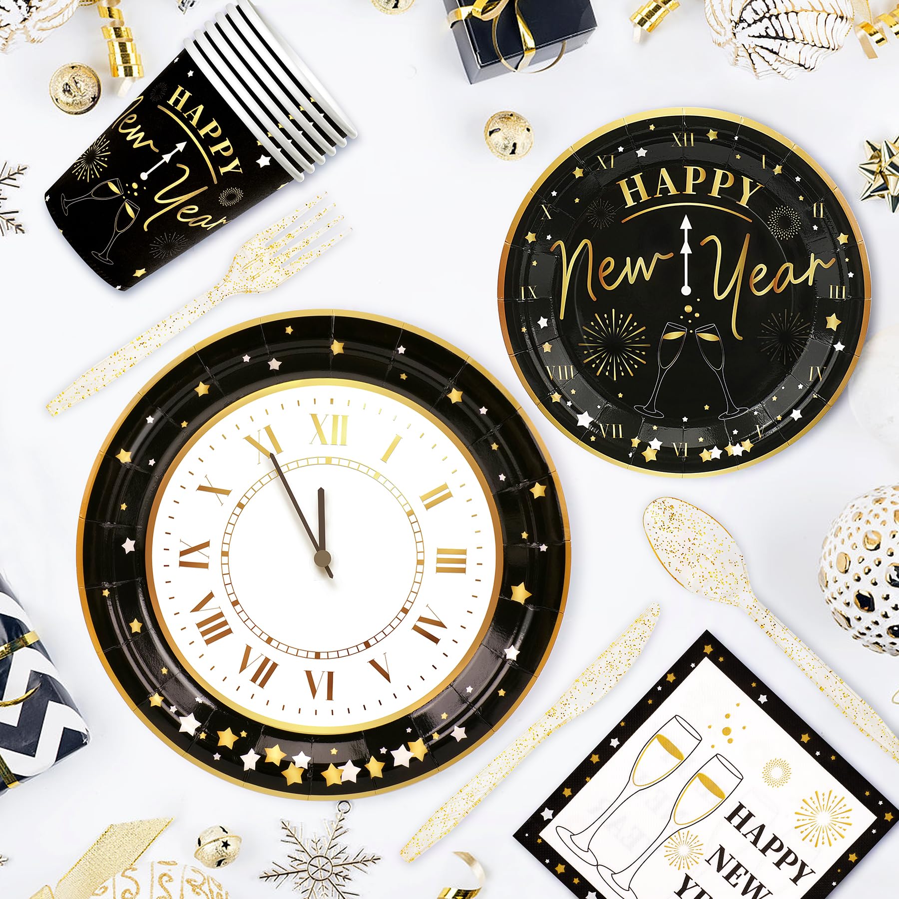 168pcs Happy New Year Party Supplies, Black and White Paper Plates Napkins Cups and Transparent Gold Cutlery for 24 Guests, 2026 New Year Disposable Tableware Supplies for Party Decorations