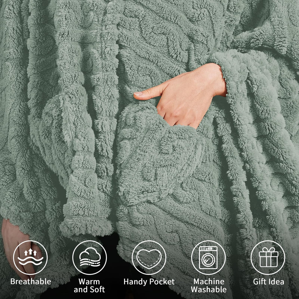 Wearable Blanket Poncho Cape Wrap for Adult, Cozy Sherpa Fleece Pocketed Shawl TV Throw Blankets for Office and Lounge(Caramel,58'' x 64'')