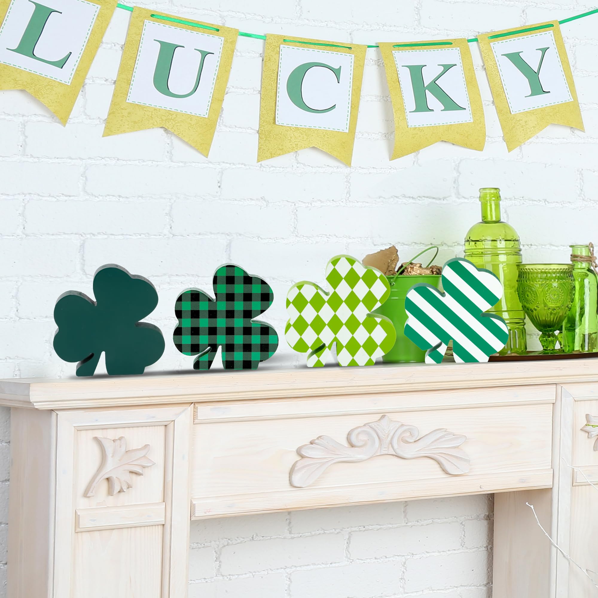 Sggvecsy 4 Pieces St Patrick’s Day Decorations Wooden Sign Tiered Tray Decor with Shamrock Clover Irish Lucky Sign Table Centerpiece Farmhouse Rustic Decoration for Table Home Fireplace Indoor Decor