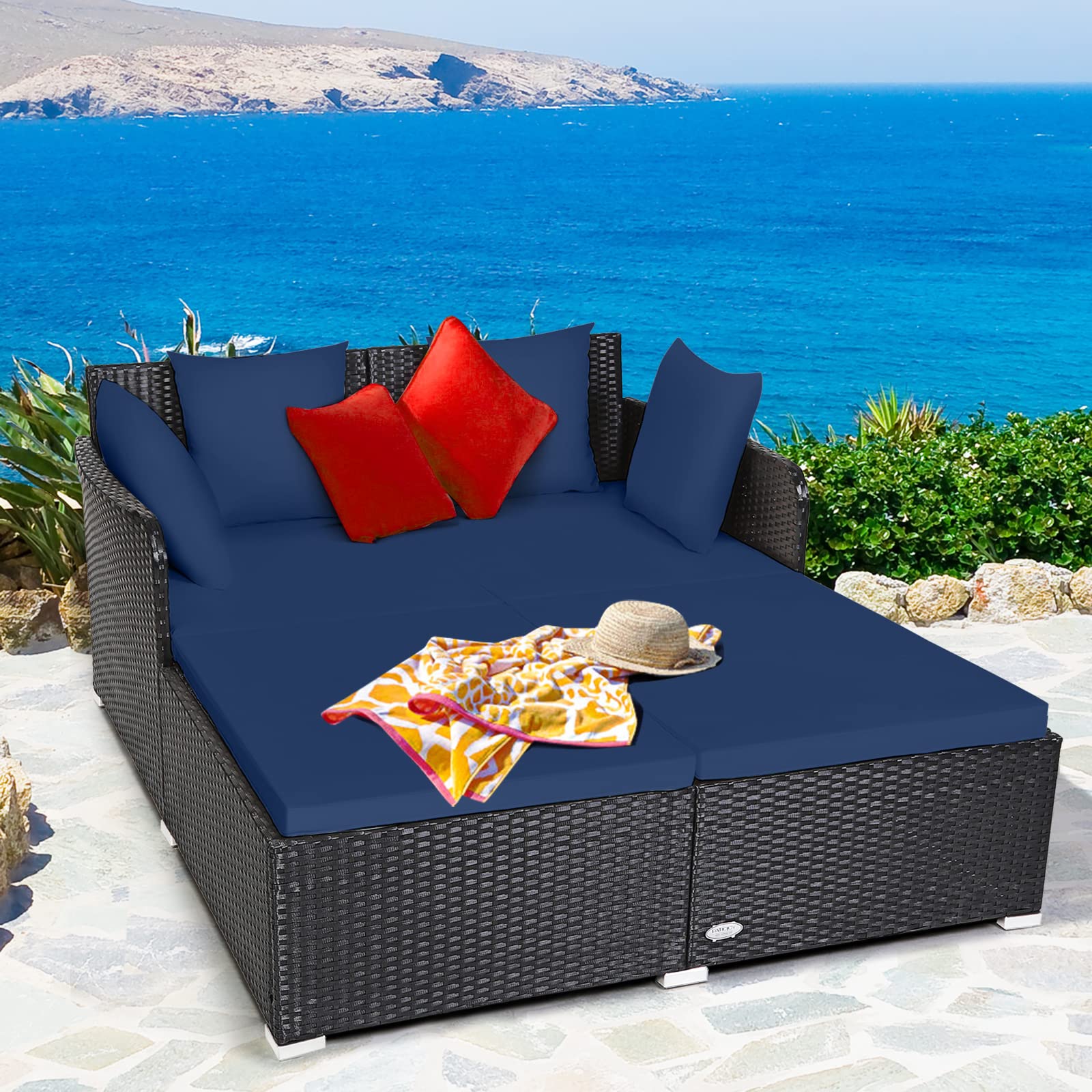 Tangkula Patio Rattan Daybed with Retractable Canopy, Outdoor Wicker Sunbed Lounger with 2 Foldable Side Tables, Thick Seat & Back Cushions, Outside Double Daybed for Garden, Backyard, Porch