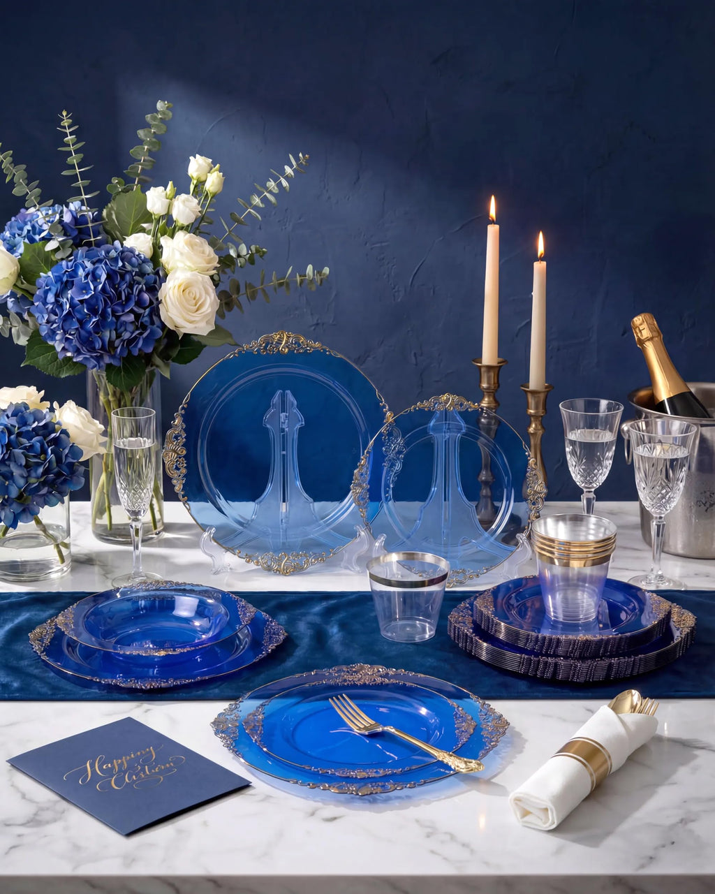 Nervure 175PCS Clear Blue Plastic Plates - Plastic Dinnerware Set Include 25Dinner Plates, 25Dessert Plates, 25Cups, 25Forks, 25Knives, 25Spoons, 25Napkins Perfect for Wedding & Party