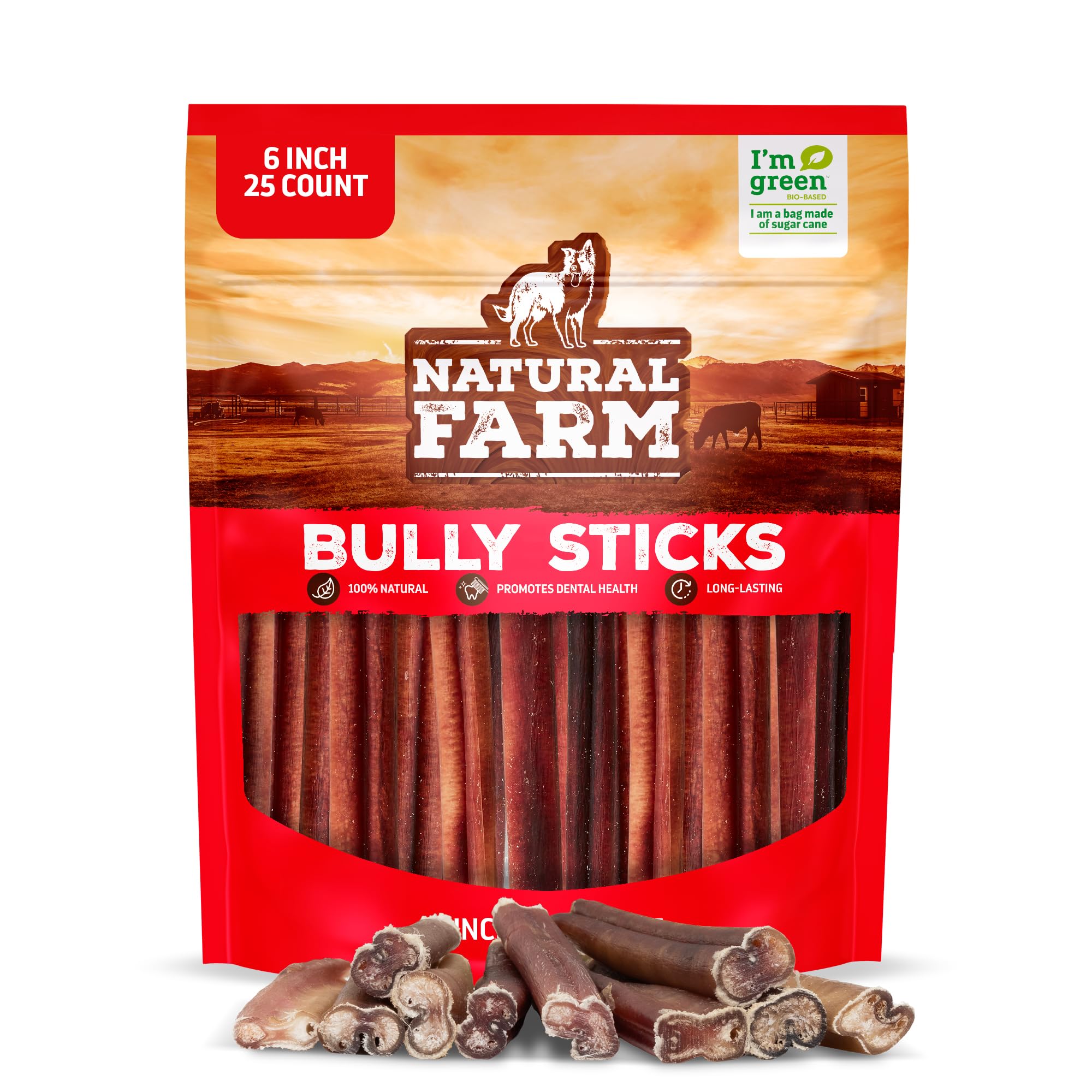 Natural Farm Bully Sticks (6 Inch, 15 Count), Single Ingredient: 100% Beef Chews, Grass-Fed, Non-GMO, Grain-Free, Fully Digestible Treats for Puppies, Small or Senior Dog