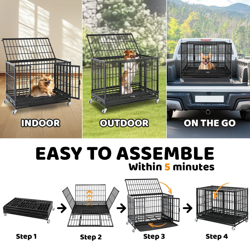 Homey Pet 37 Inch Heavy Duty Dog Crate for Medium Dogs, Stackable Dog Cage with Four Lockable Wheels, Removable Tray & Grid, Open Top, Escape Proof Dog Kennel Indoor