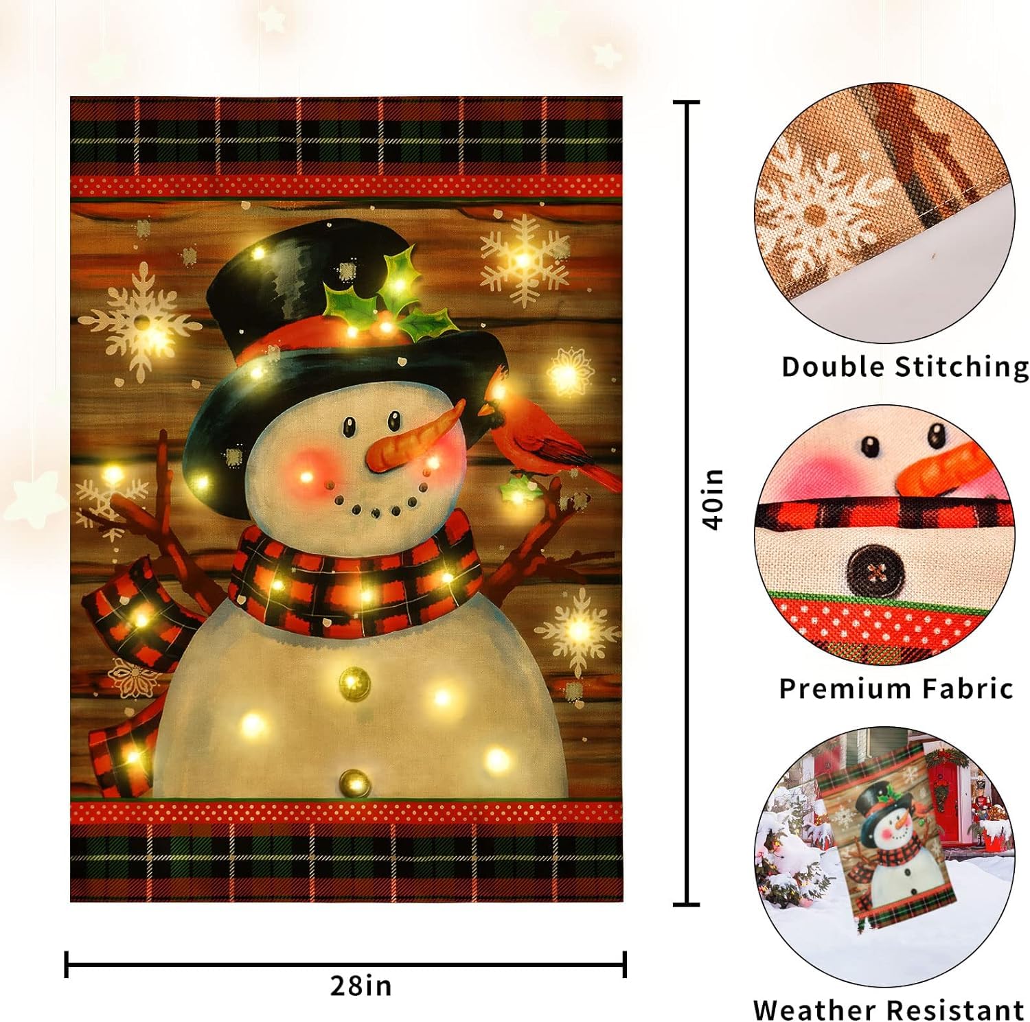 Lighted Christmas Garden Flag for Outside, Led Snowman Garden Flag, Winter Yard Flag 12x18 Double Sided for Outdoor Yard Porch Lawn Decoration