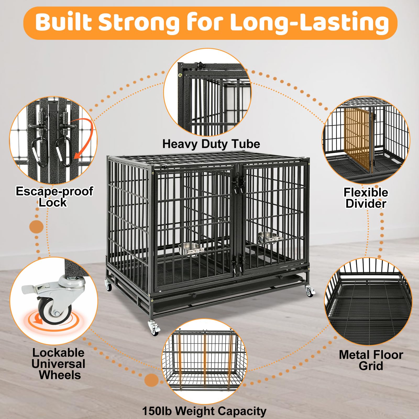 Homey Pet 37 Inch Heavy Duty Dog Crate for Medium Dogs, Stackable Dog Cage with Four Lockable Wheels, Removable Tray & Grid, Open Top, Escape Proof Dog Kennel Indoor