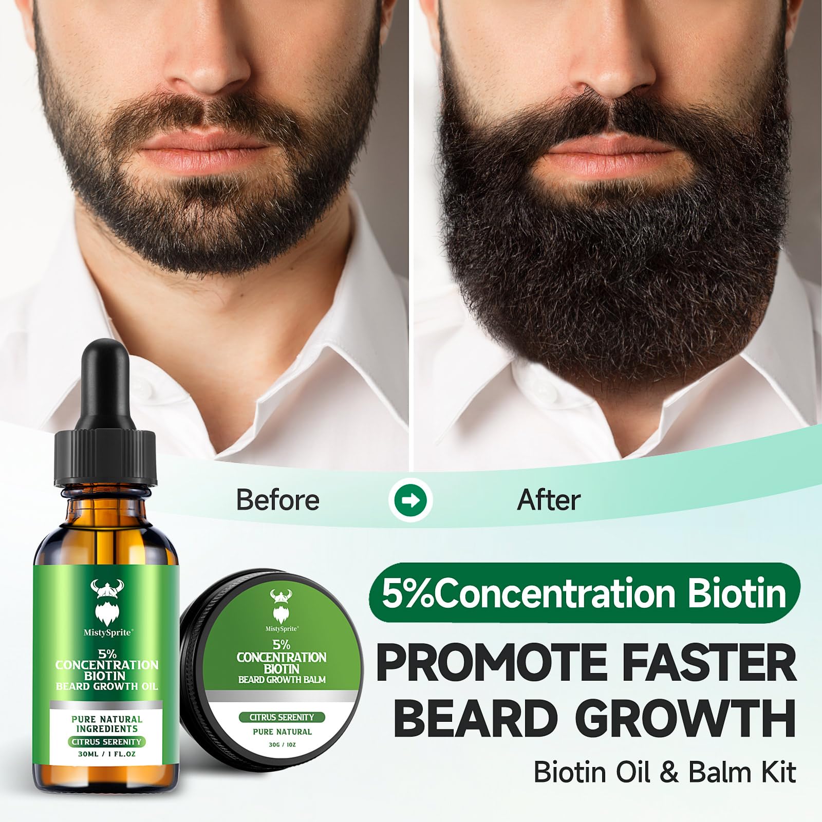 MistySprite Beard Growth Kit for Men, 2X Concentration Biotin Beard Oil & Styling Balm, Natural Facial Hair Conditioner with Argan, Jojoba & Vitamin E, Sandalwood Scent Softener