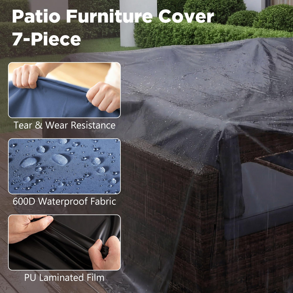 LHBcraft 7 Piece Patio Outdoor Furniture Set, Outdoor Sectional, All-Weather Manual Weaving PE Rattan Wicker Patio Sectional Sofa, Rattan Outside Furniture with Black Cushion and Glass Coffee Table