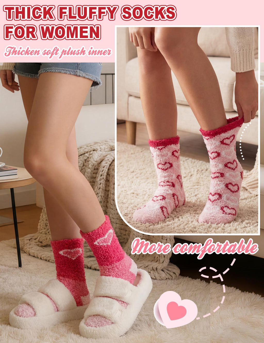 Womens Fuzzy Socks Warm Fluffy Cozy Winter Slipper Thick Fleece Heart Socks 5 Pairs