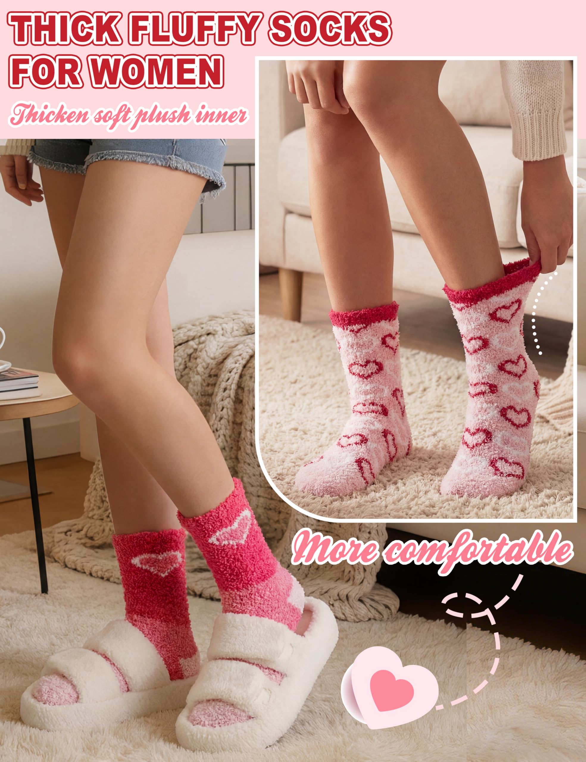 Womens Fuzzy Socks Warm Fluffy Cozy Winter Slipper Thick Fleece Heart Socks 5 Pairs