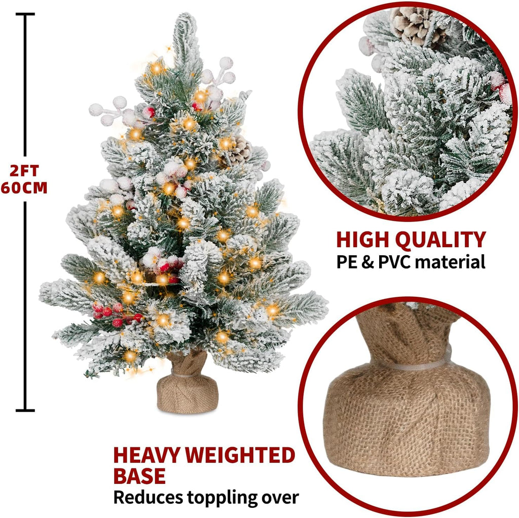 2FT Small Christmas Tree,Flocked Artificial Mini Christmas Tree with Lights,Tabletop Xmas Tree with Ornaments,Christmas Decoration for Party by DNKMOR