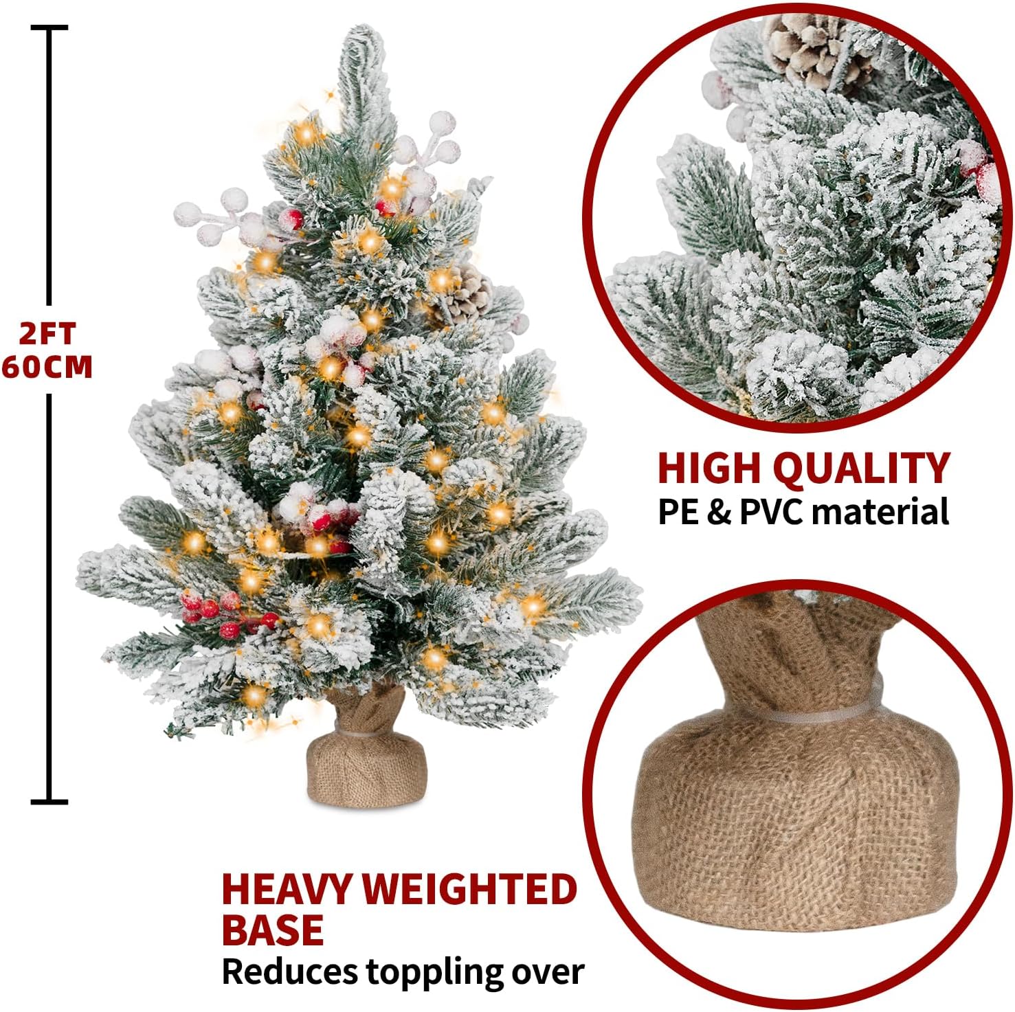 2FT Small Christmas Tree,Flocked Artificial Mini Christmas Tree with Lights,Tabletop Xmas Tree with Ornaments,Christmas Decoration for Party by DNKMOR