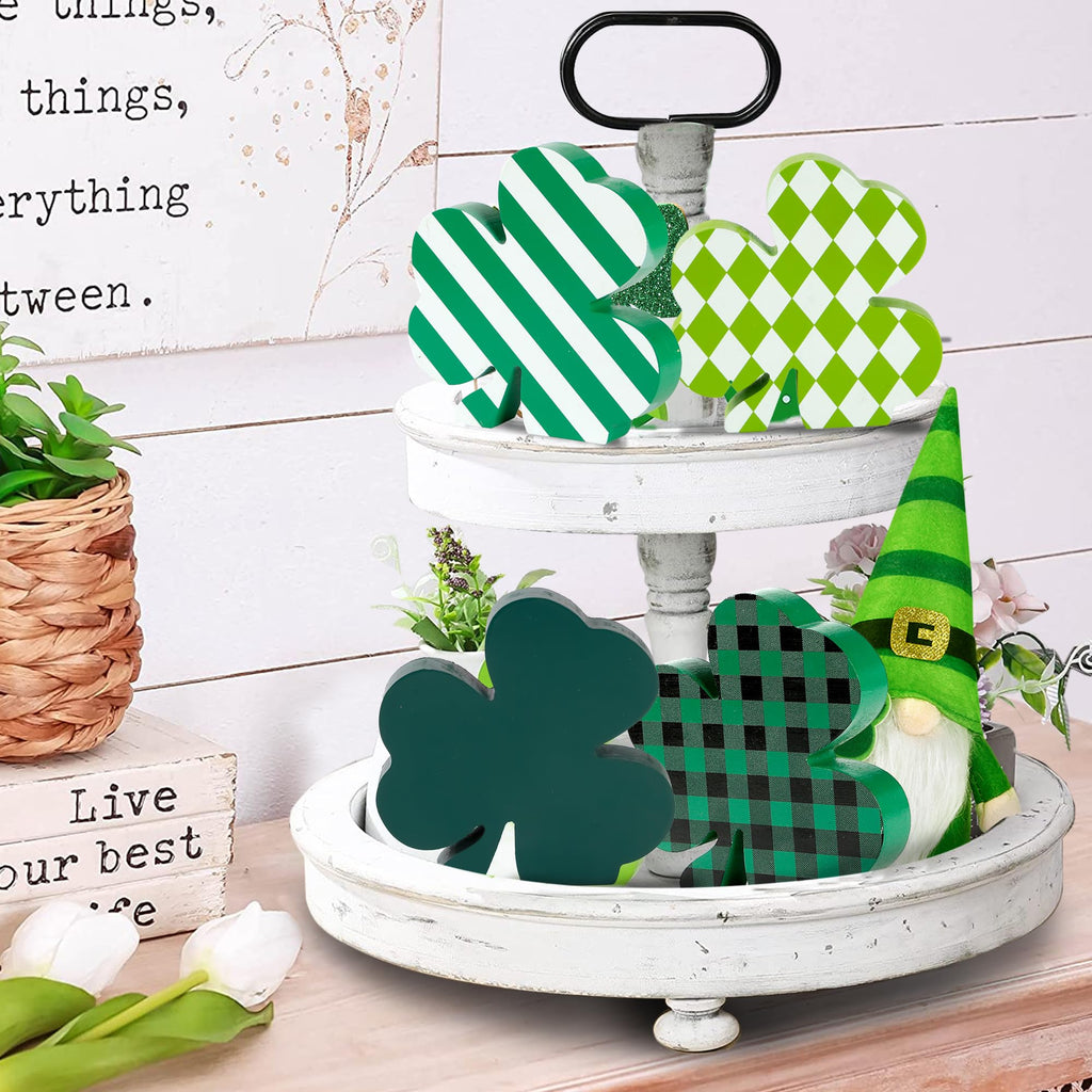 Sggvecsy 4 Pieces St Patrick’s Day Decorations Wooden Sign Tiered Tray Decor with Shamrock Clover Irish Lucky Sign Table Centerpiece Farmhouse Rustic Decoration for Table Home Fireplace Indoor Decor