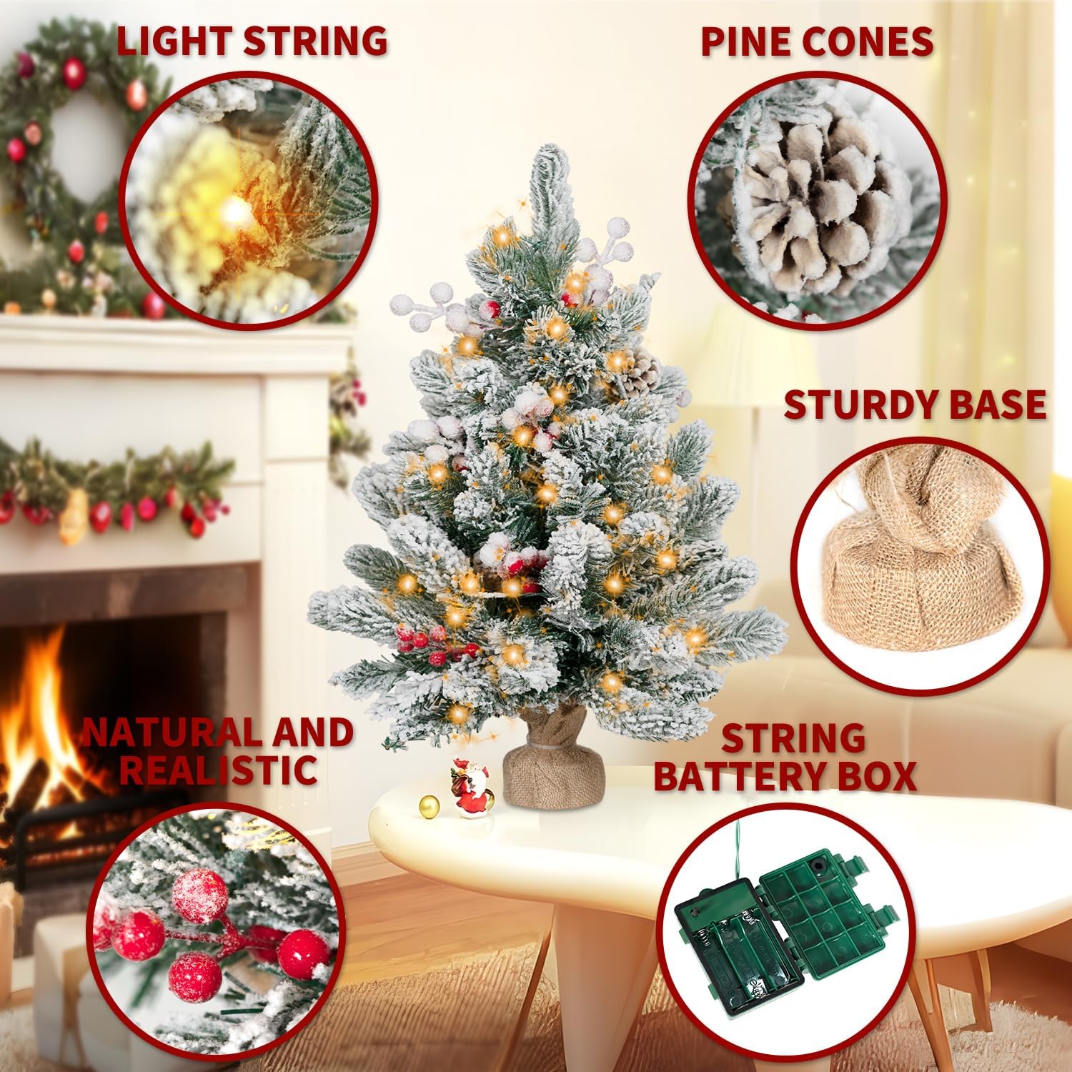 2FT Small Christmas Tree,Flocked Artificial Mini Christmas Tree with Lights,Tabletop Xmas Tree with Ornaments,Christmas Decoration for Party by DNKMOR