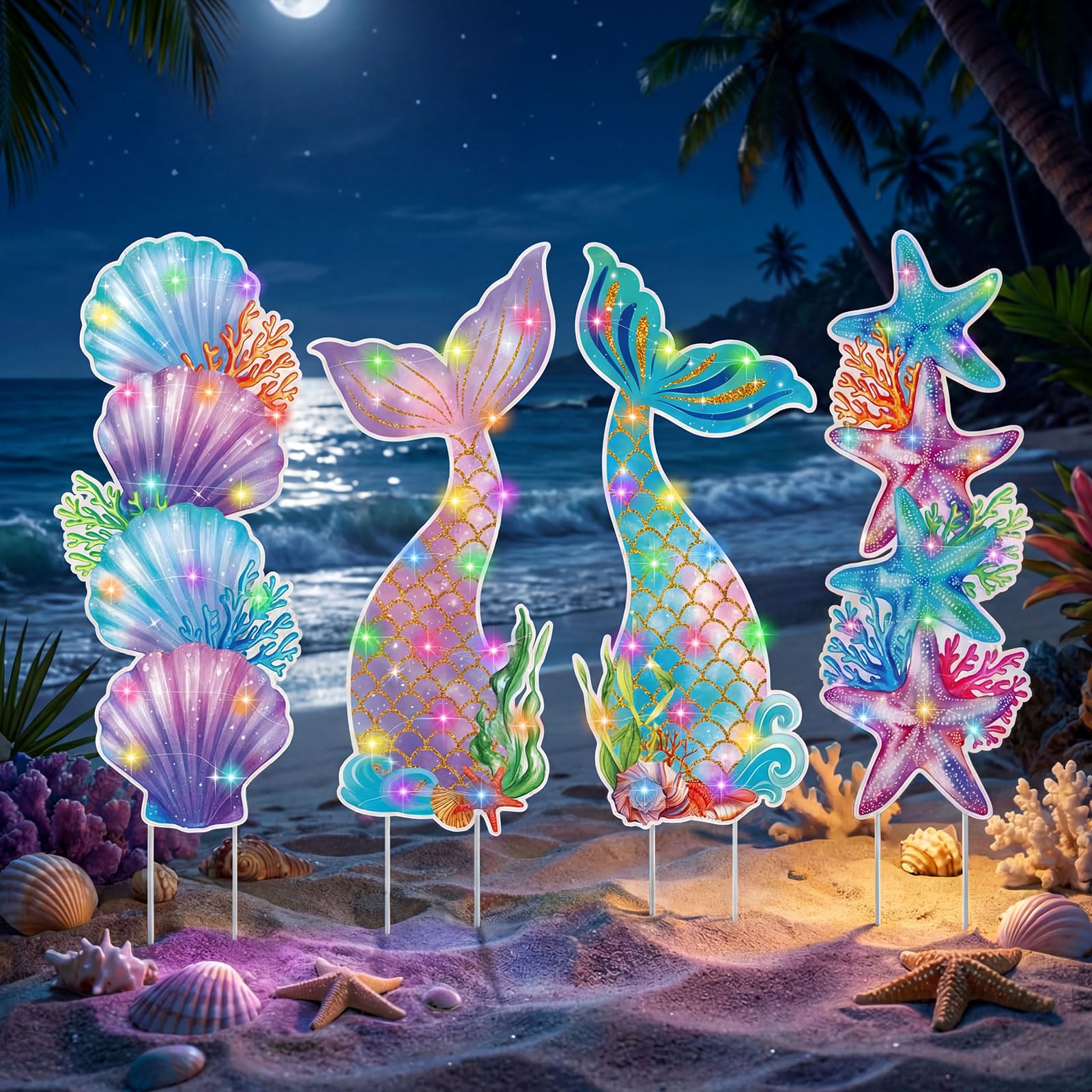 Bencailor 4 Pcs Summer Outdoor Yard Decoration Summer Beach Pool Yard Signs with Stakes LED Hawaiian Themed Party Supplies Beach Ball Surfboard Slipper Decor for Outdoor Lawn Garden Patio