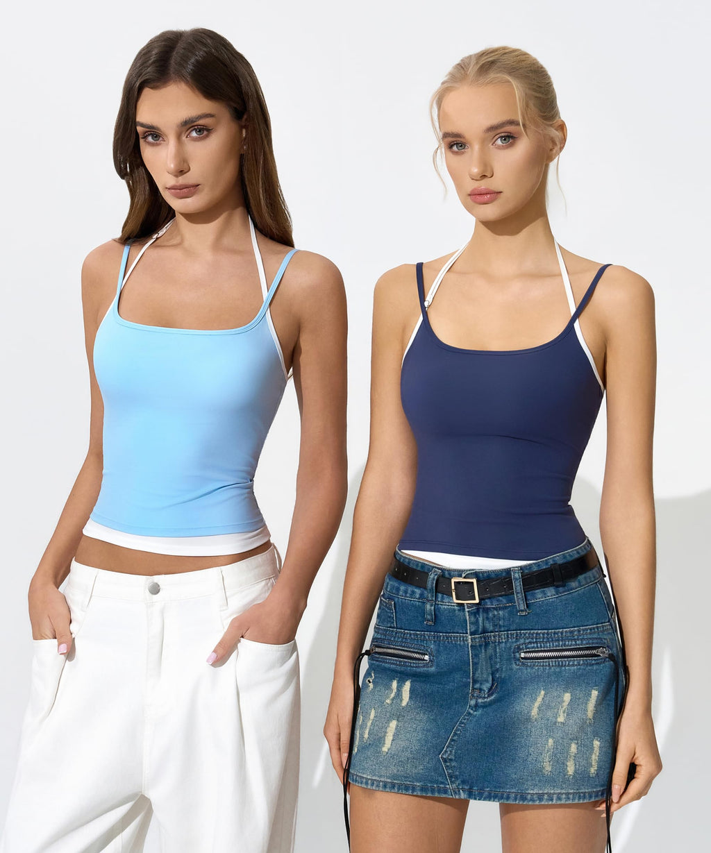QINSEN Women's Spaghetti Strap Tank Top Slim Fitting Layered Halter Neck Sleeveless Crop Cami Shirt