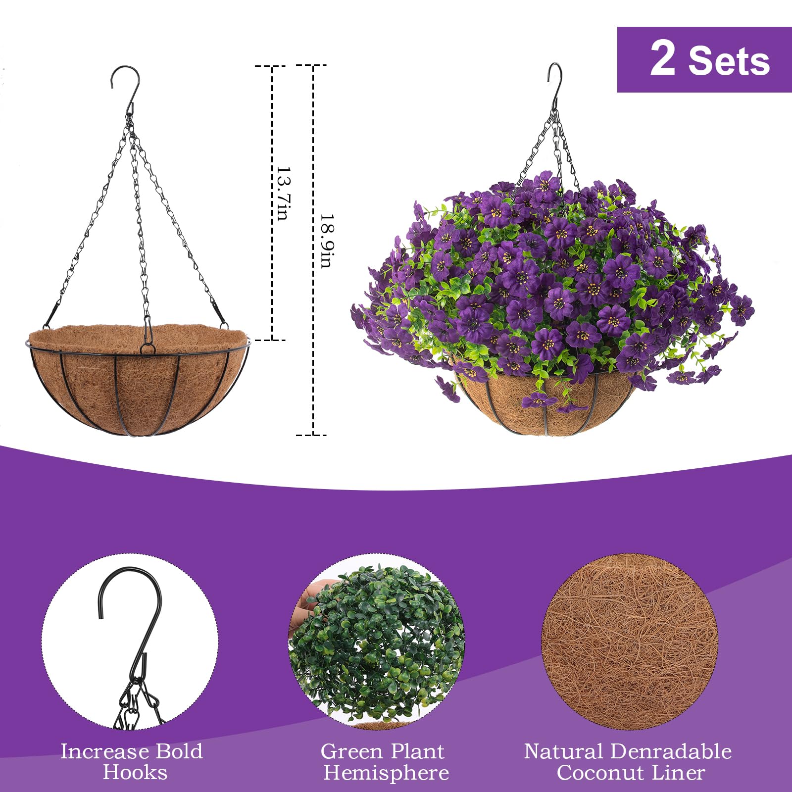 Hananona 24 Pcs Artficial Outdoor Flowers with Hanging Baskets, Orange Fall mums 2 Pack Hanging Planter with Outdoor Fall Flowers for Autumn Porch Garden and Home Patio Yard Decor (2, Orange)