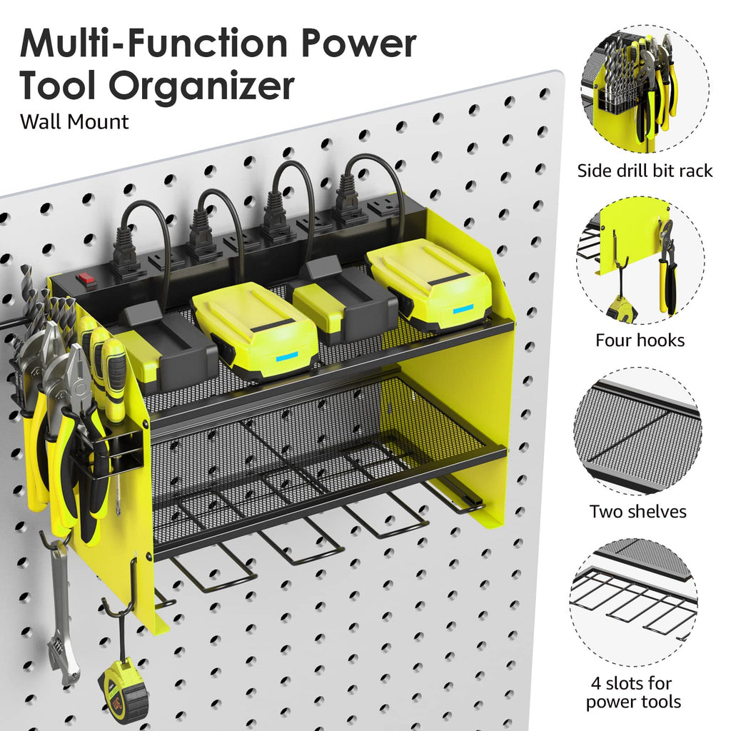 CCCEI Modular Power Tool Organizer Wall Mount with Charging Station. Garage Drill Storage Shelf with Hooks, Heavy Duty Rack, Tool Battery Holder Built in 8 Outlet. Gift for Men. Red, 1 Pack.