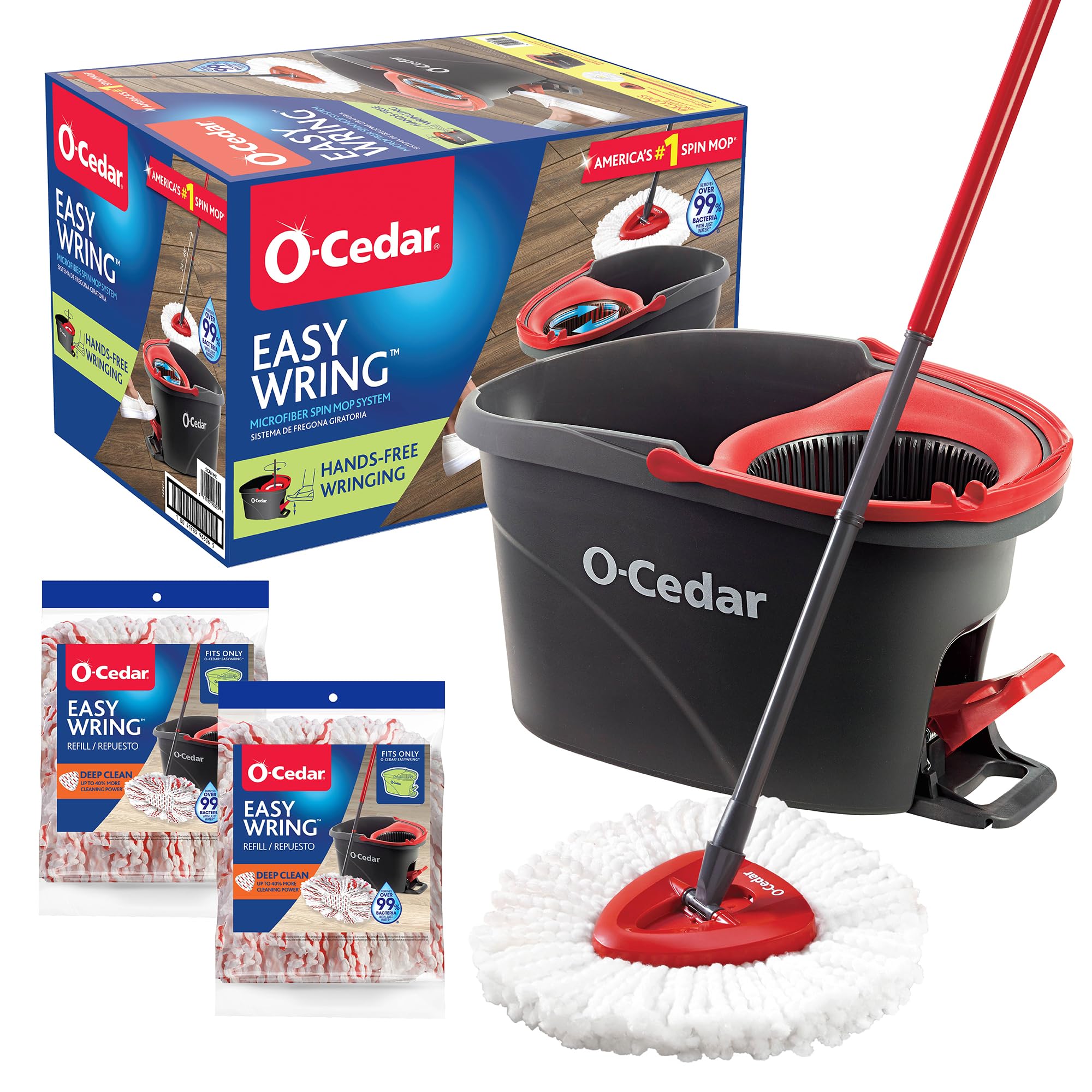 O-Cedar EasyWring Microfiber Spin Mop, Bucket Floor Cleaning System, Red, Gray, Standard