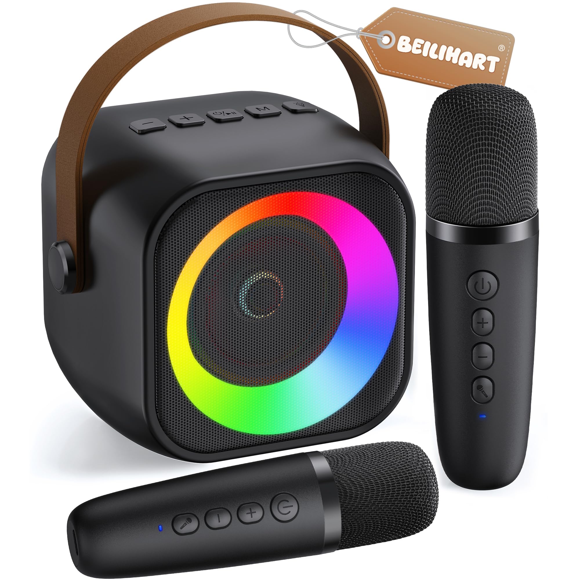 Mini Karaoke Machine, Portable Bluetooth Karaoke Speaker with 2 Wireless Microphones and Party Lights for Kids and Adults, Birthday Gifts for Girls Boys Family Home Party