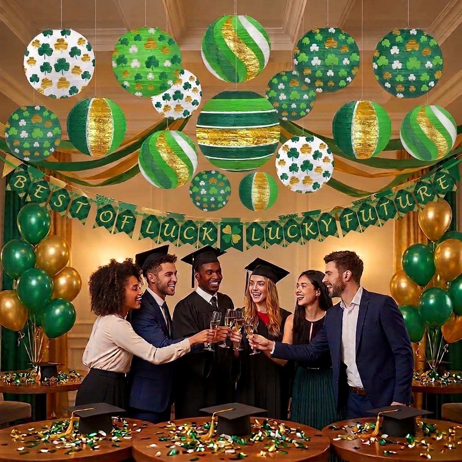 12 PCS Lucky Green Paper Lanterns, 8" Hanging Clover Decorations for Garden Party, Casino Night, The Lucky One Baby Shower, Irish Wedding & Spring Events, St. Patrick's Day