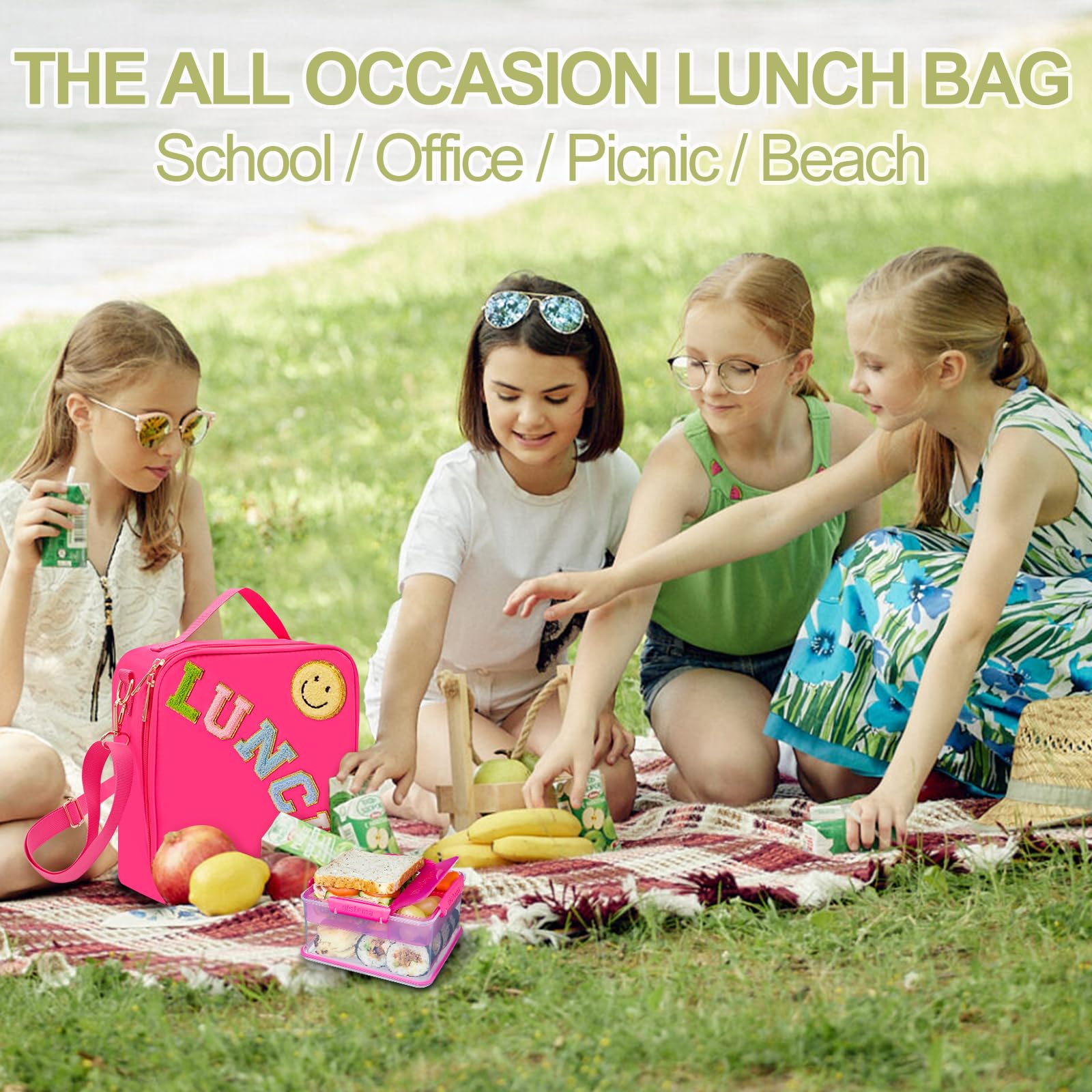 Insulated Lunch Bag With Adjustable Shoulder Strap, Nylon Preppy Lunch Box Large Insulated Lunch Bag Reusable Lunch Tote Bag with Smiley Preppy LunchBag for Girls School Travel Picnic (Purple)