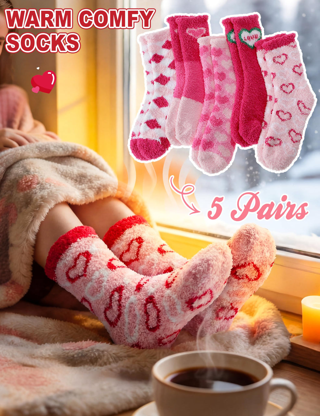 Womens Fuzzy Socks Warm Fluffy Cozy Winter Slipper Thick Fleece Heart Socks 5 Pairs