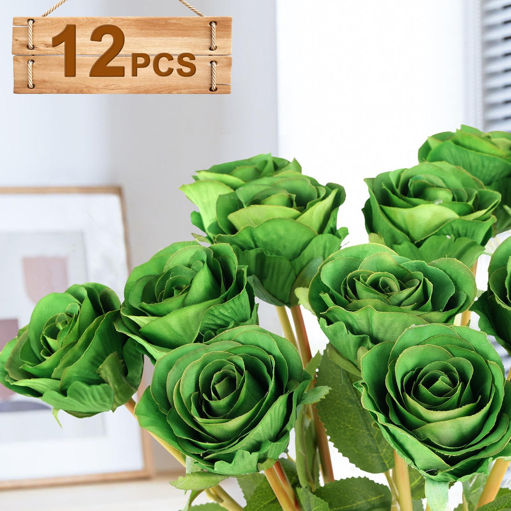 Hananona Artificial Roses Flowers for St. Patrick's Day，12 Pcs Silk Green Rose Bouquet for Spring Home Decoration, Green Faux Roses for Wedding